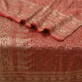 Sanskriti Vintage Red Sarees Pure Satin Silk Woven Brocade/Banarasi Sari Fabric