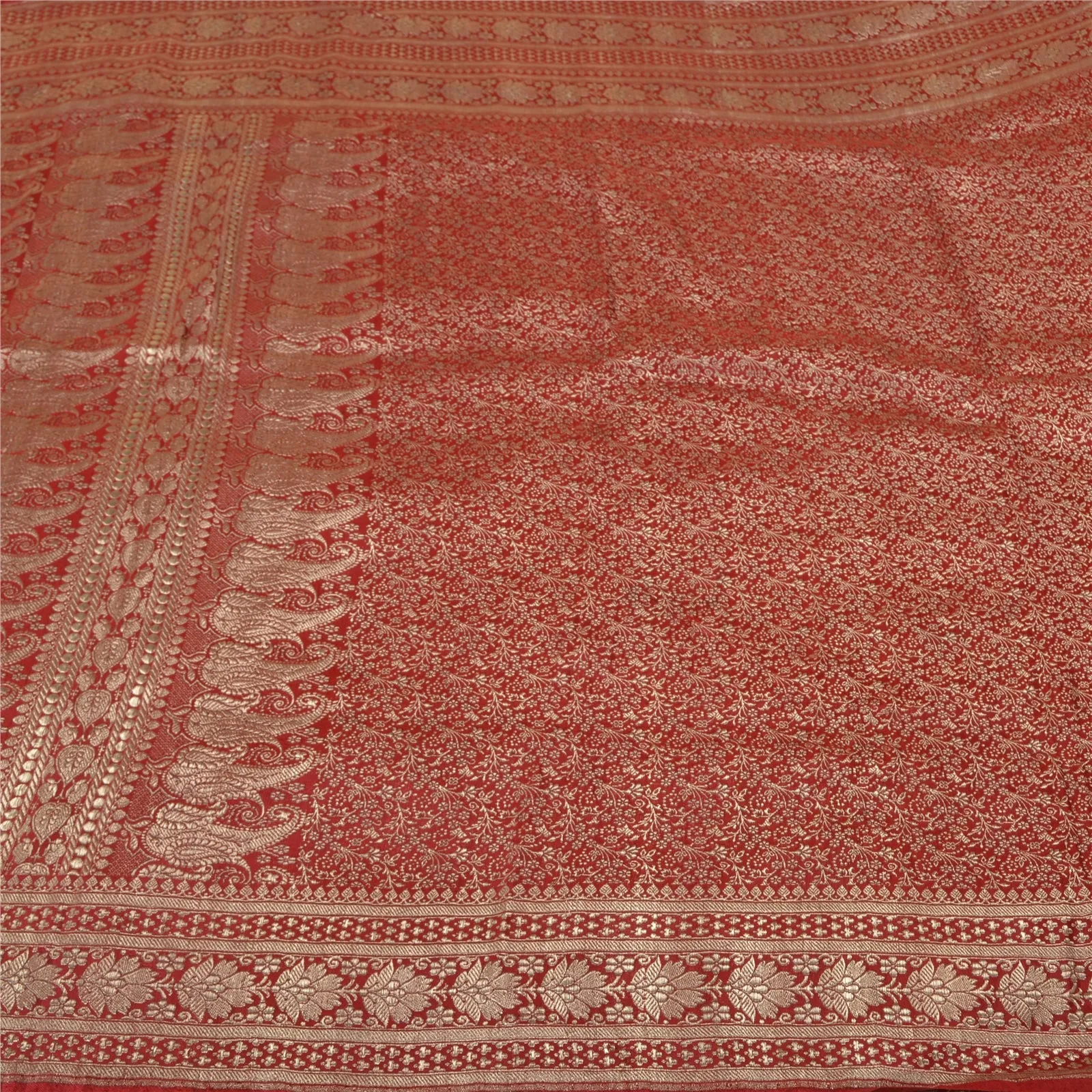 Sanskriti Vintage Red Sarees Pure Satin Silk Woven Brocade/Banarasi Sari Fabric