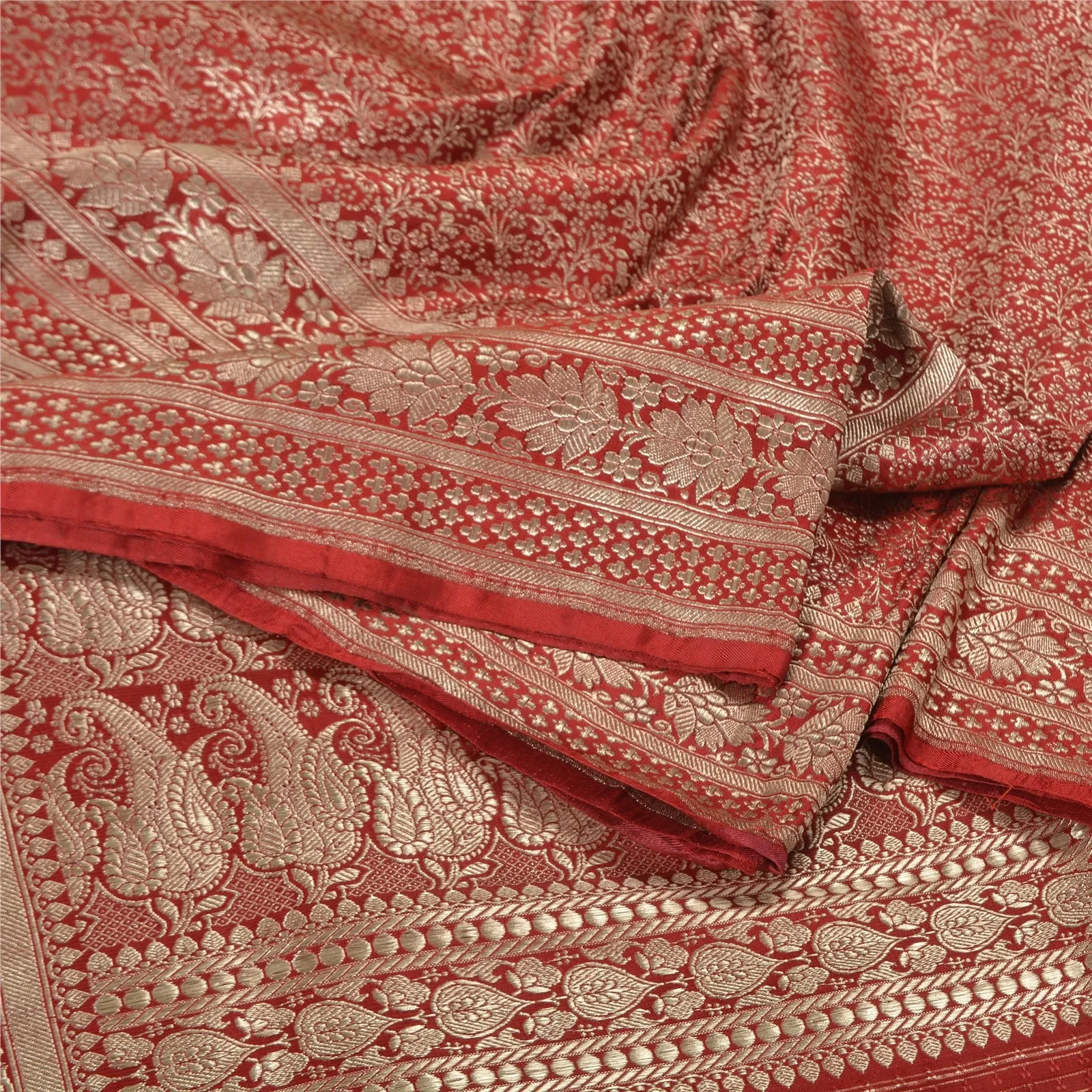 Sanskriti Vintage Red Sarees Pure Satin Silk Woven Brocade/Banarasi Sari Fabric