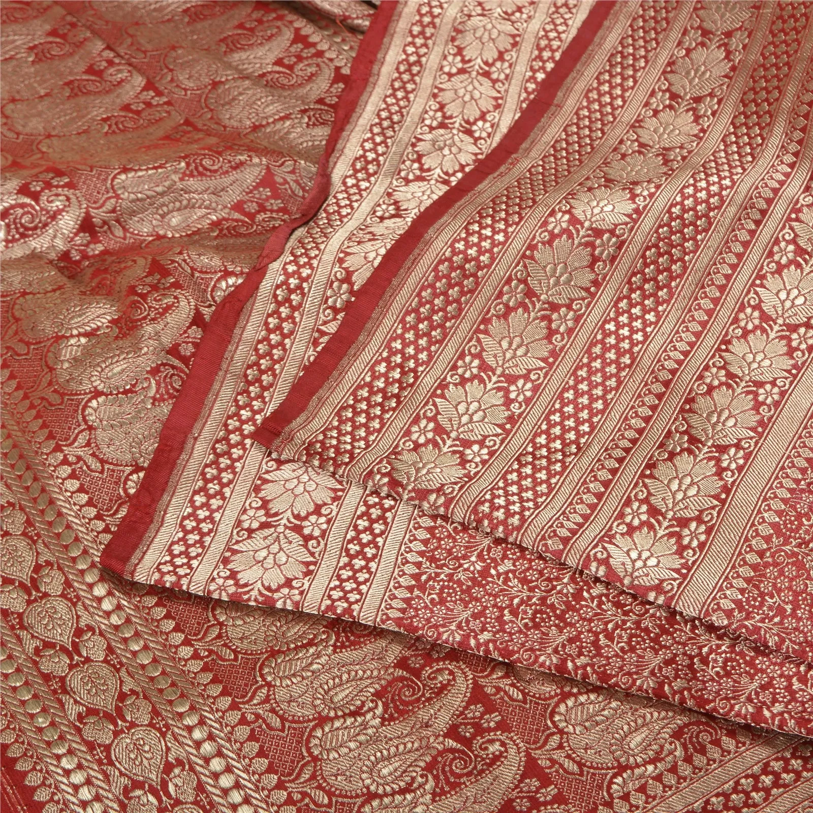 Sanskriti Vintage Red Sarees Pure Satin Silk Woven Brocade/Banarasi Sari Fabric