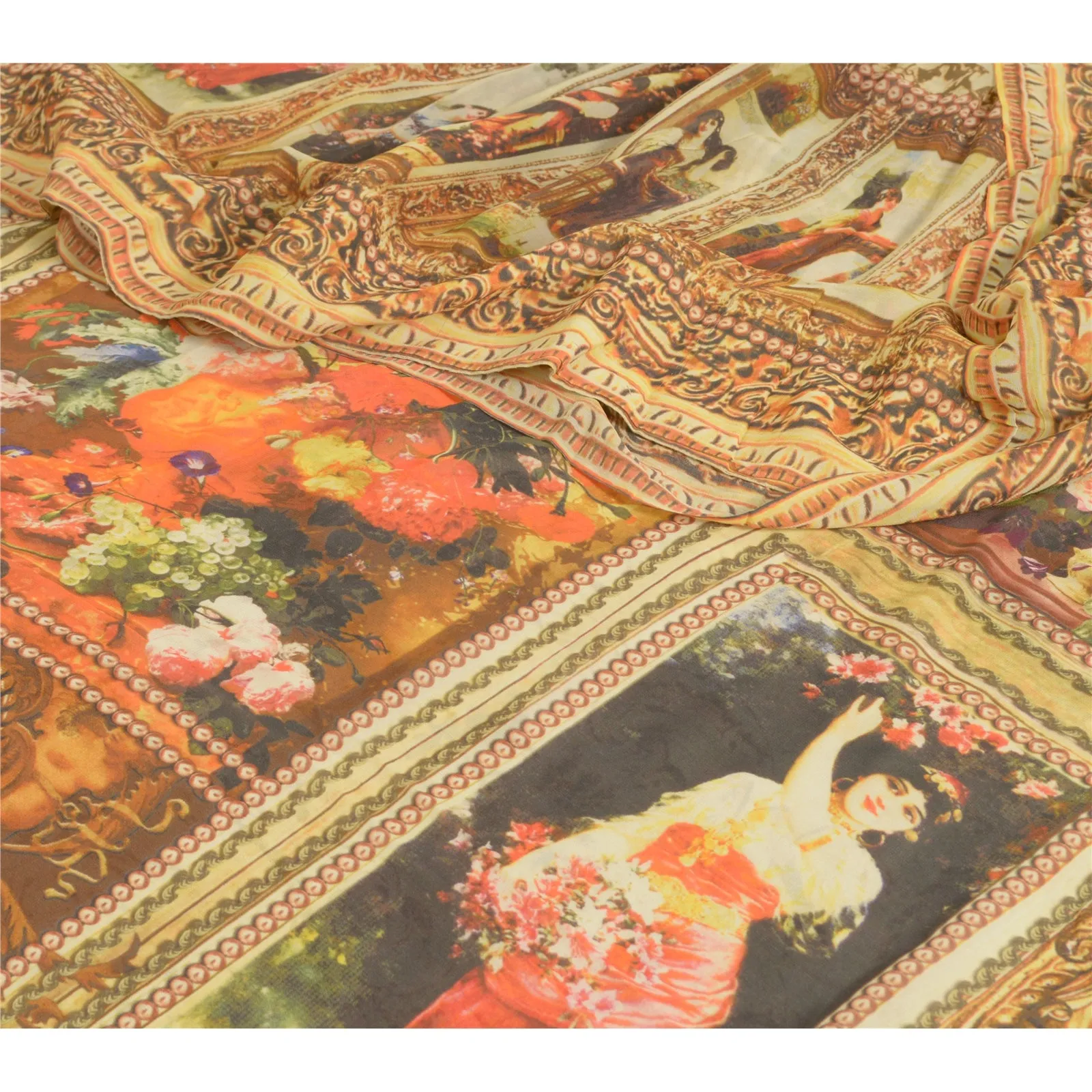 Sanskriti Vintage Sarees Beige Digital Printed Pure Georgette Sari Craft Fabric