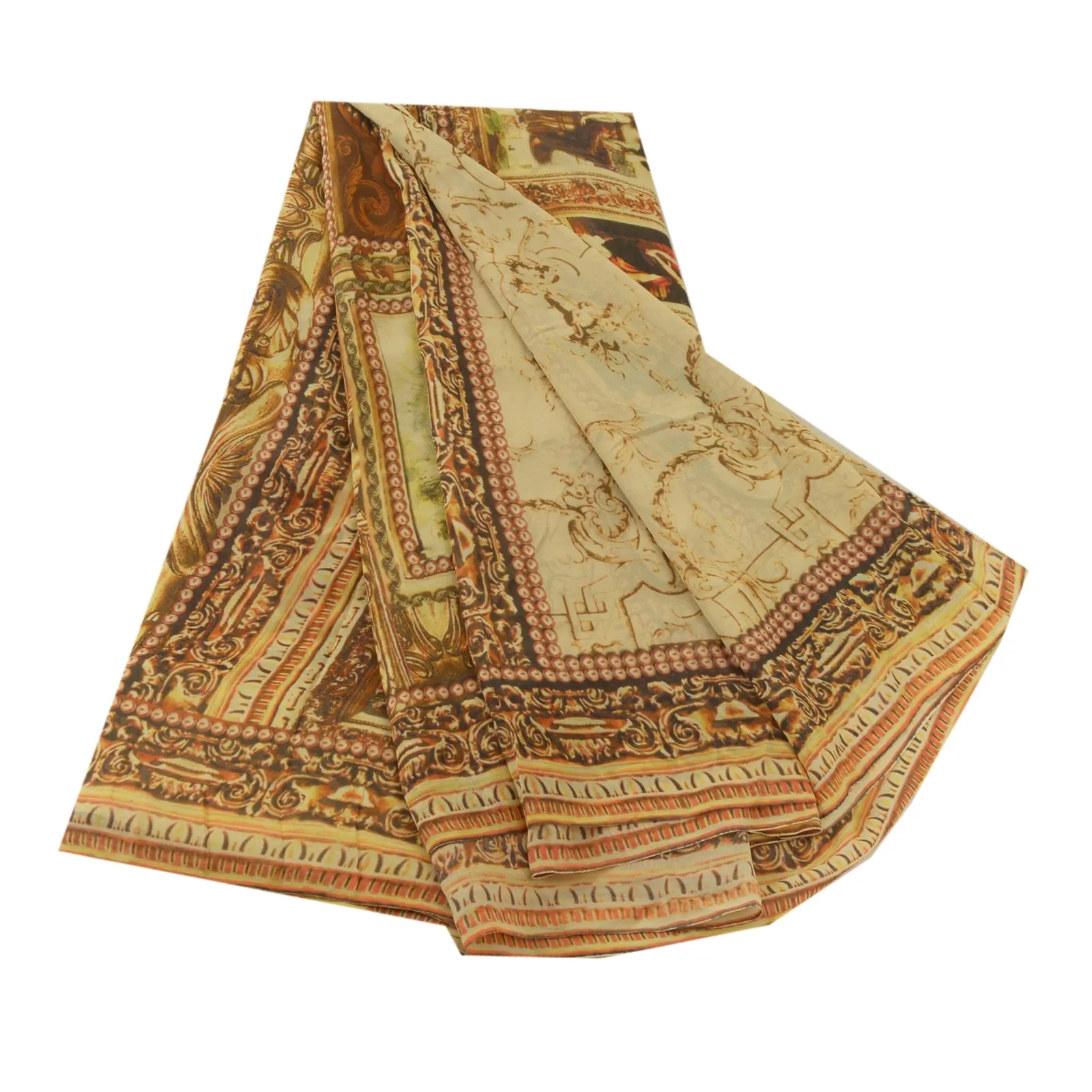 Sanskriti Vintage Sarees Beige Digital Printed Pure Georgette Sari Craft Fabric