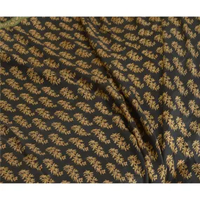 Sanskriti Vintage Sarees Black Block Printed 100% Pure Silk Sari Craft Fabric