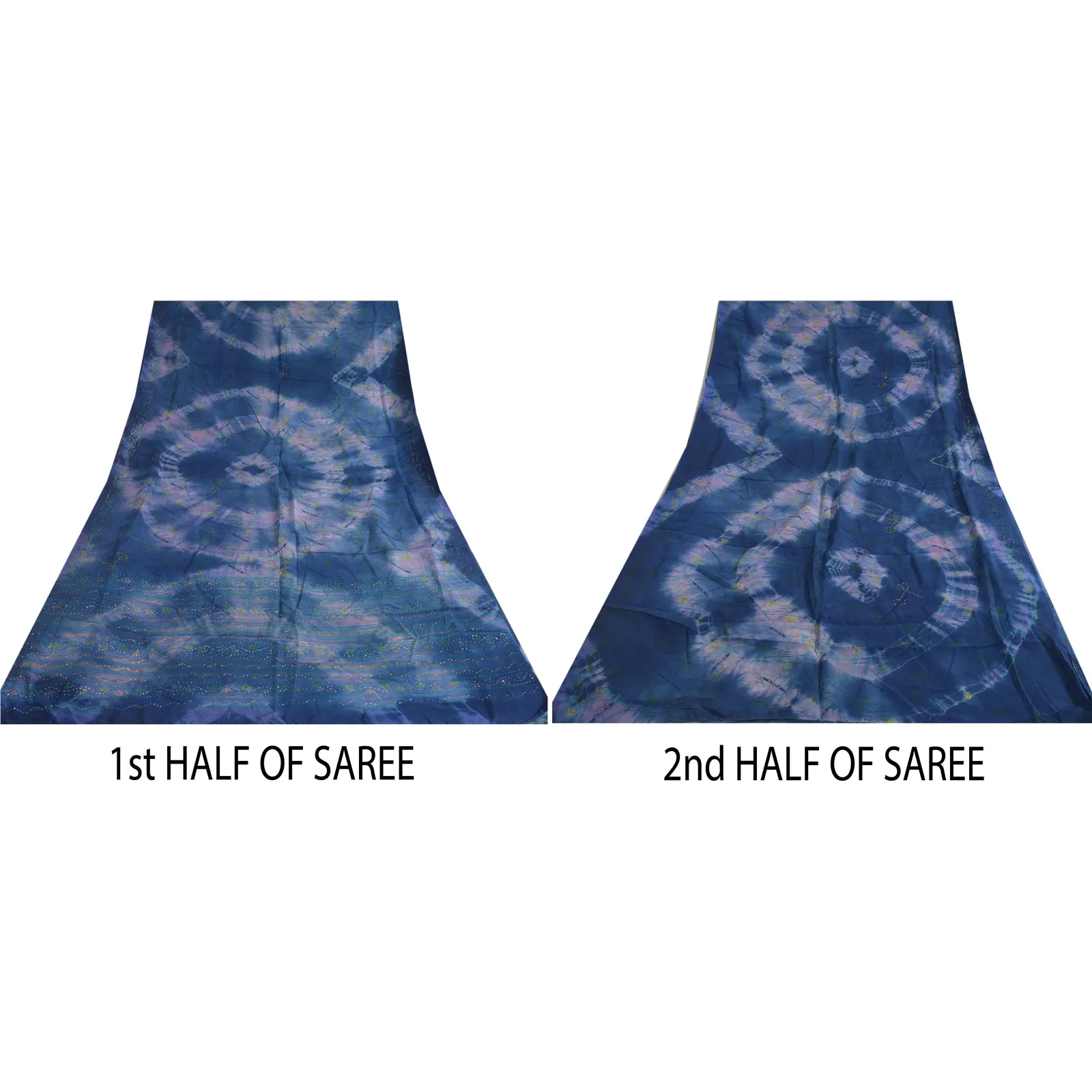 Sanskriti Vintage Sarees Blue Tie-Dye Hand Beaded Pure Crepe Silk Sari Fabric