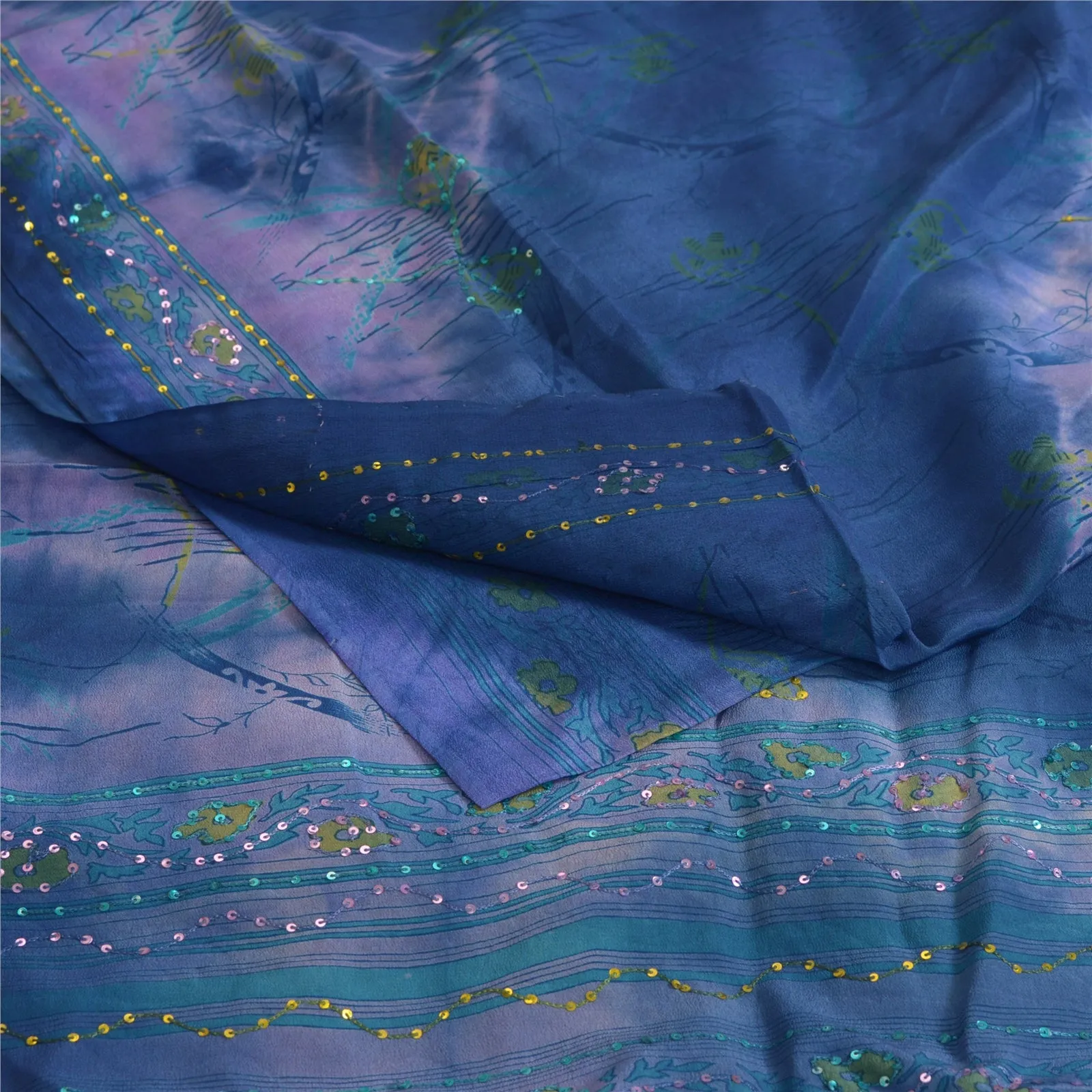 Sanskriti Vintage Sarees Blue Tie-Dye Hand Beaded Pure Crepe Silk Sari Fabric