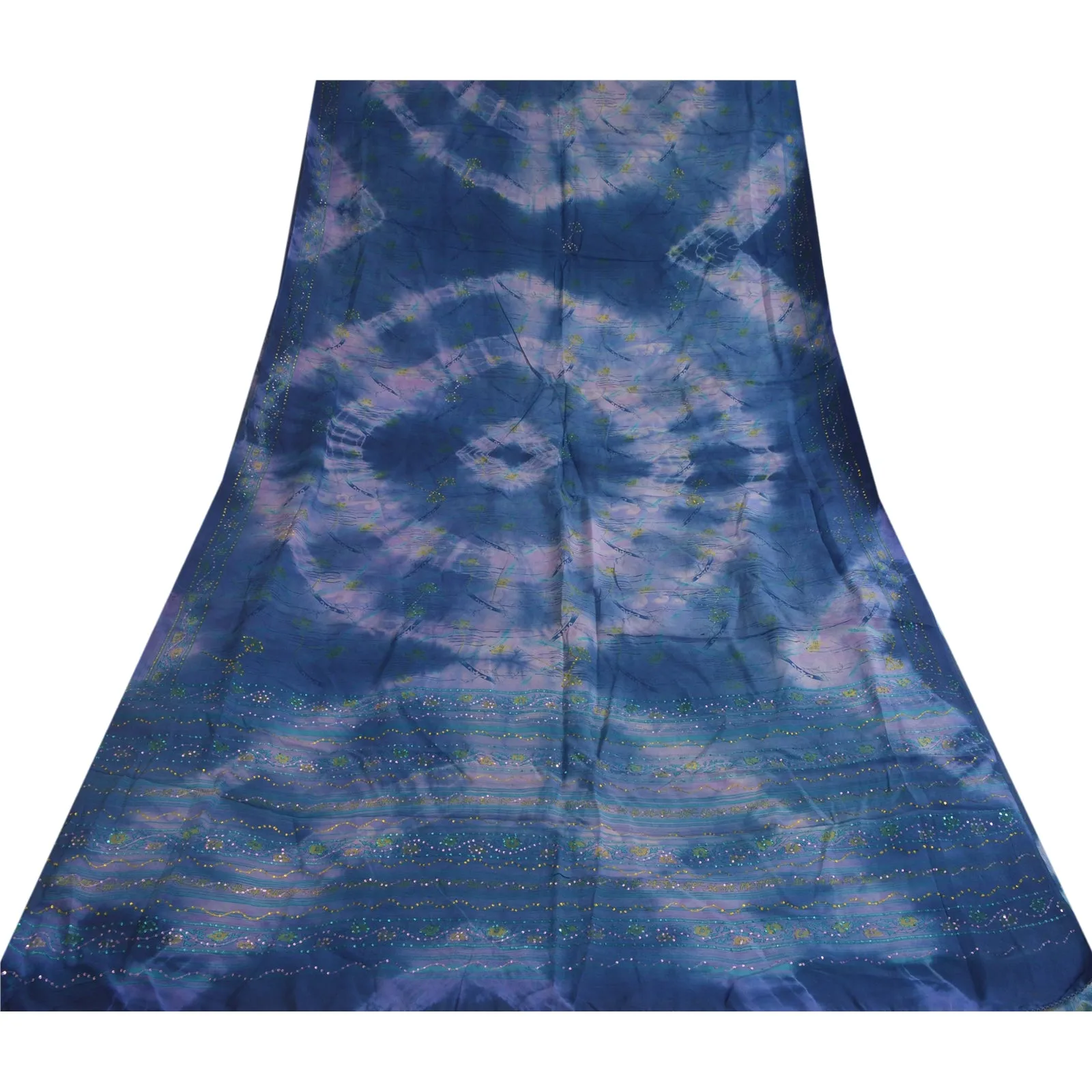 Sanskriti Vintage Sarees Blue Tie-Dye Hand Beaded Pure Crepe Silk Sari Fabric