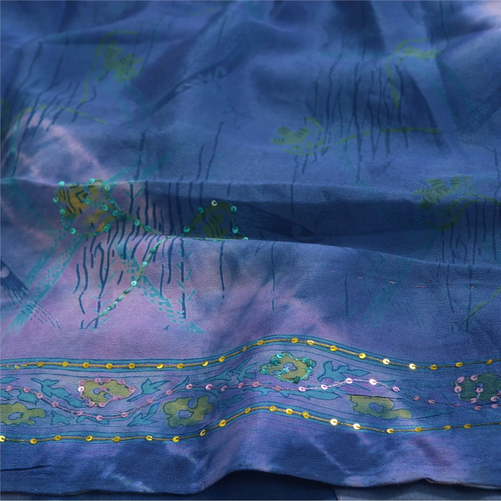 Sanskriti Vintage Sarees Blue Tie-Dye Hand Beaded Pure Crepe Silk Sari Fabric