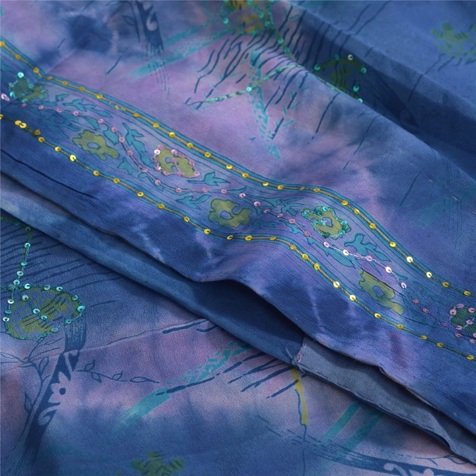 Sanskriti Vintage Sarees Blue Tie-Dye Hand Beaded Pure Crepe Silk Sari Fabric