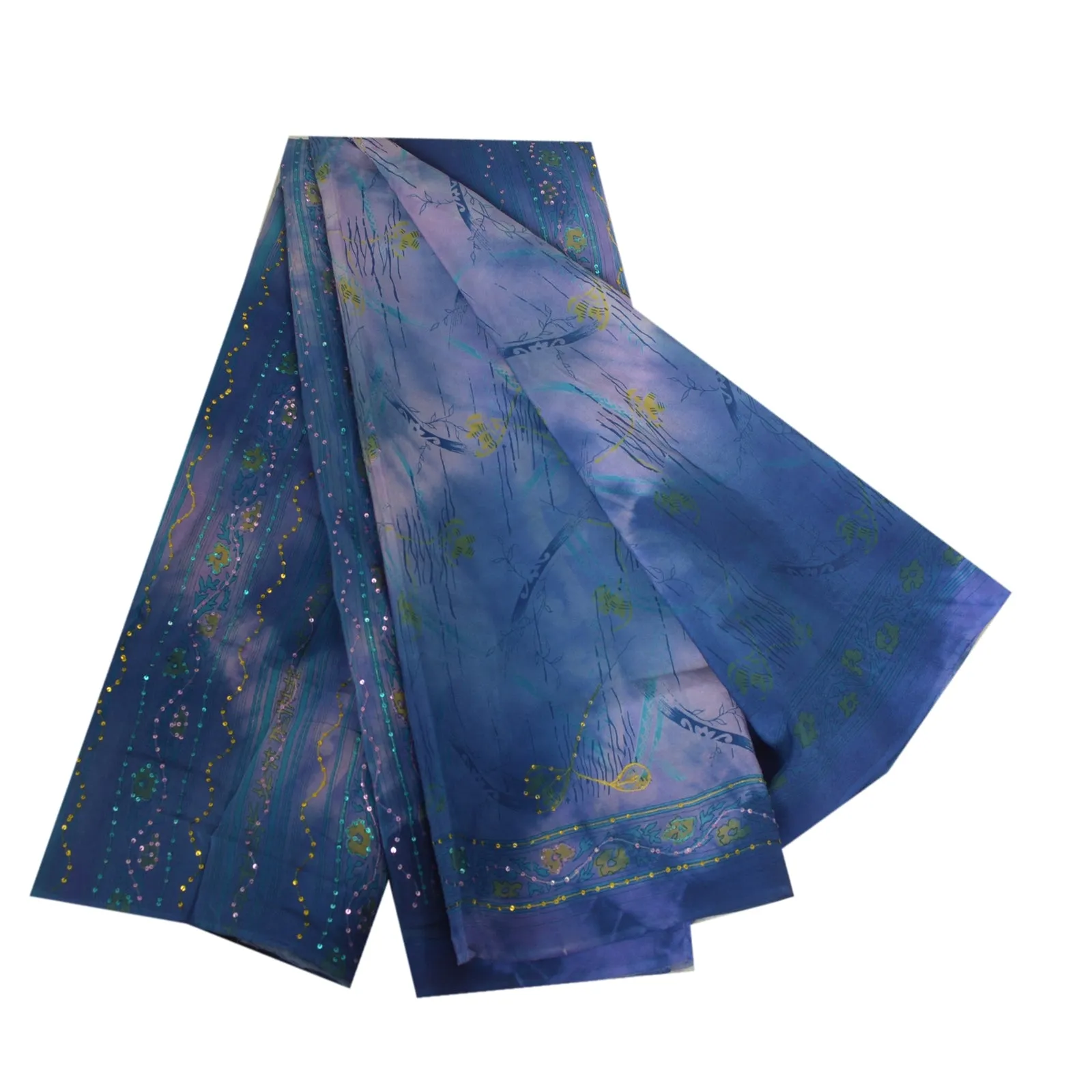 Sanskriti Vintage Sarees Blue Tie-Dye Hand Beaded Pure Crepe Silk Sari Fabric