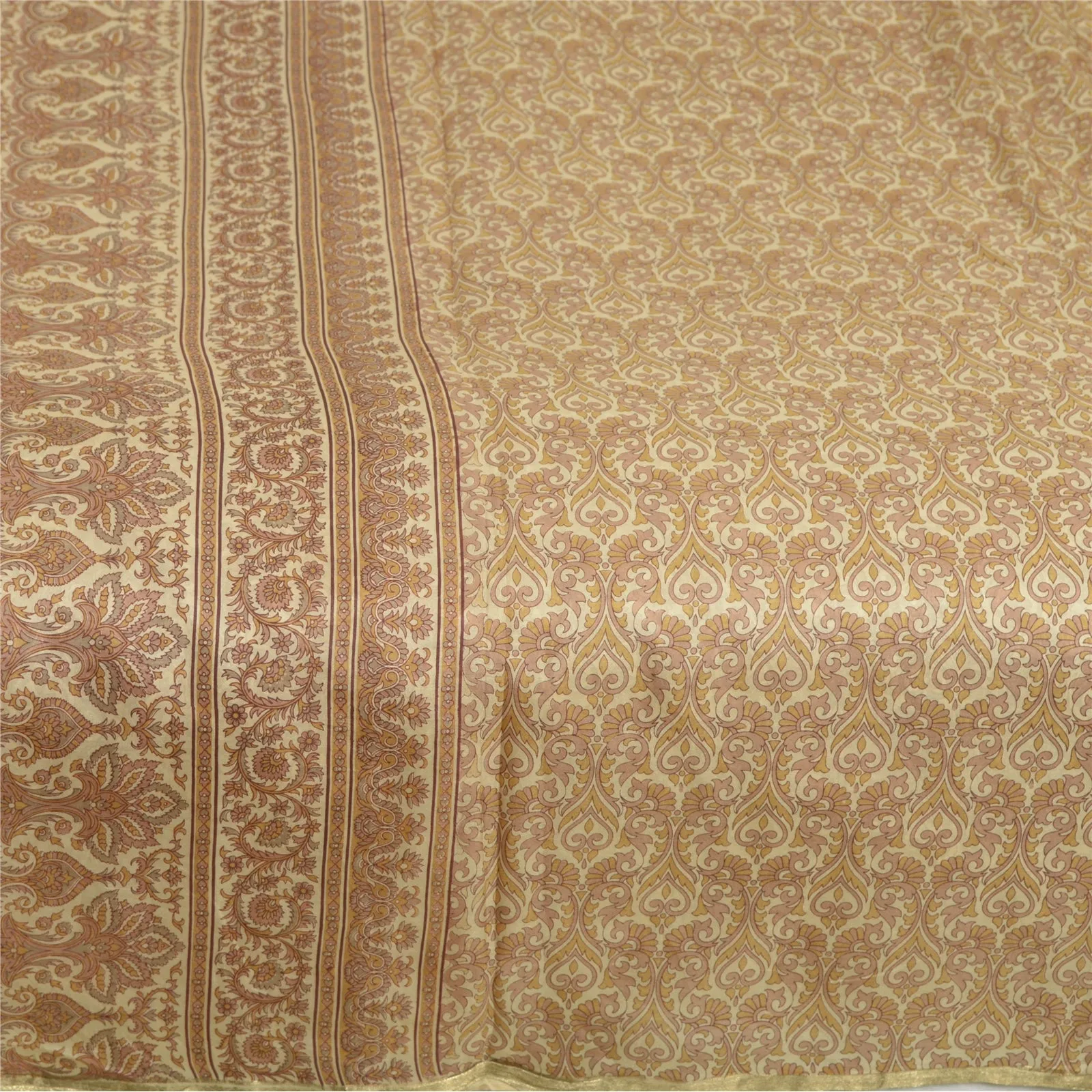 Sanskriti Vintage Sarees Brown Zari Border Pure Silk Printed Sari Craft Fabric