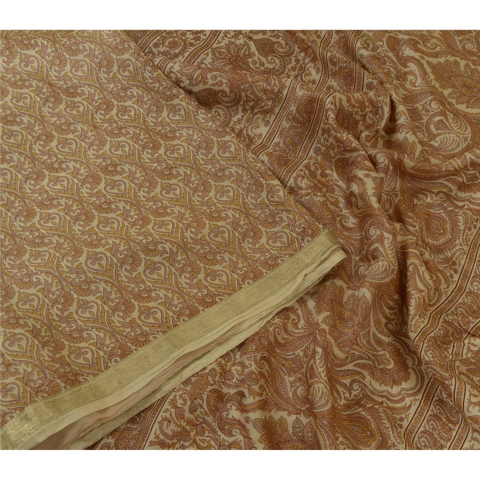 Sanskriti Vintage Sarees Brown Zari Border Pure Silk Printed Sari Craft Fabric