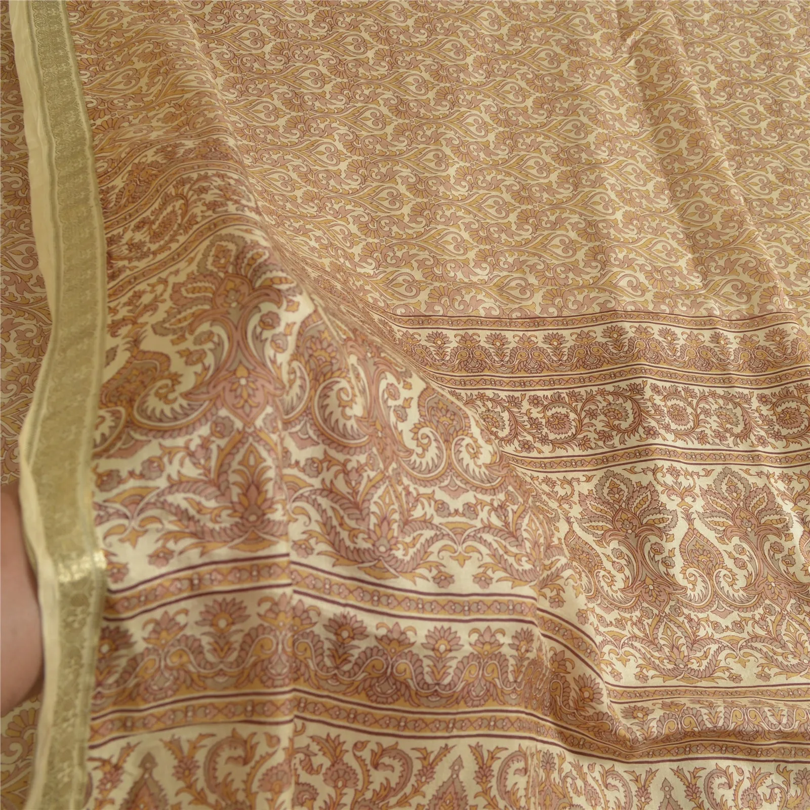 Sanskriti Vintage Sarees Brown Zari Border Pure Silk Printed Sari Craft Fabric