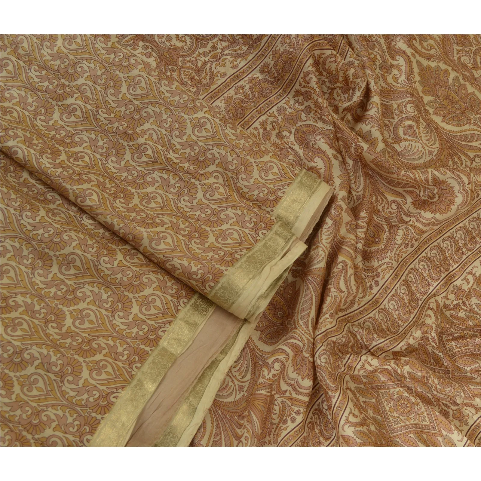 Sanskriti Vintage Sarees Brown Zari Border Pure Silk Printed Sari Craft Fabric