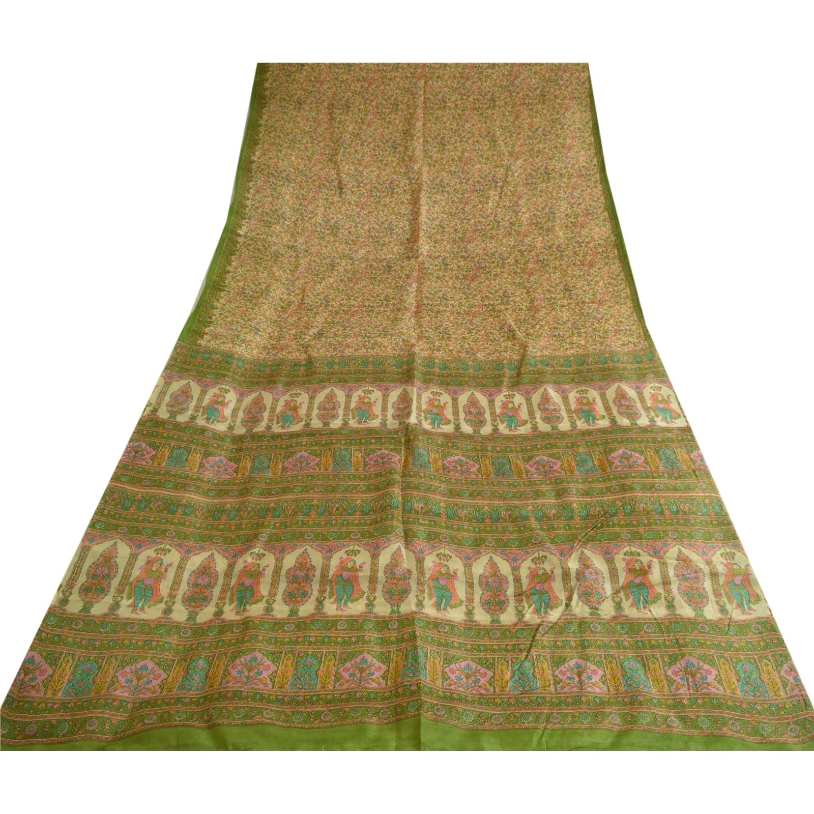 Sanskriti Vintage Sarees Cream 100% Pure Silk Printed Sari Soft 5yd Craft Fabric