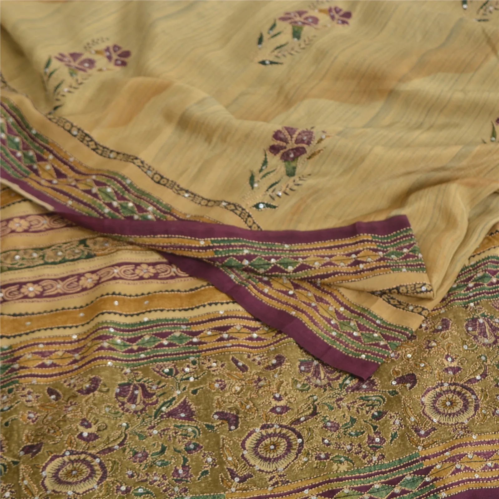 Sanskriti Vintage Sarees Cream Hand Beaded Kantha Pure Crepe Printed Sari Fabric