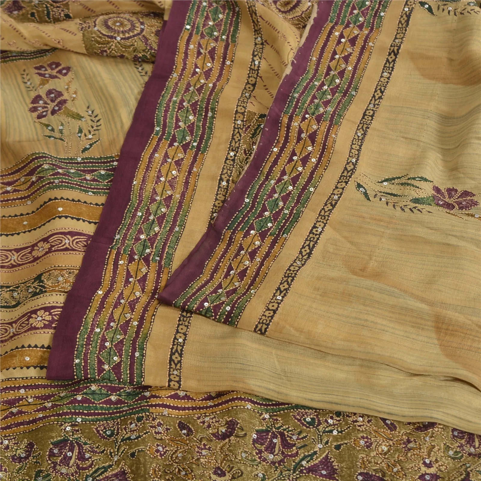 Sanskriti Vintage Sarees Cream Hand Beaded Kantha Pure Crepe Printed Sari Fabric