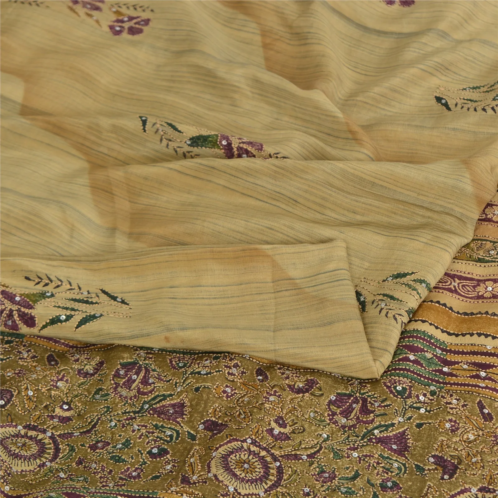 Sanskriti Vintage Sarees Cream Hand Beaded Kantha Pure Crepe Printed Sari Fabric