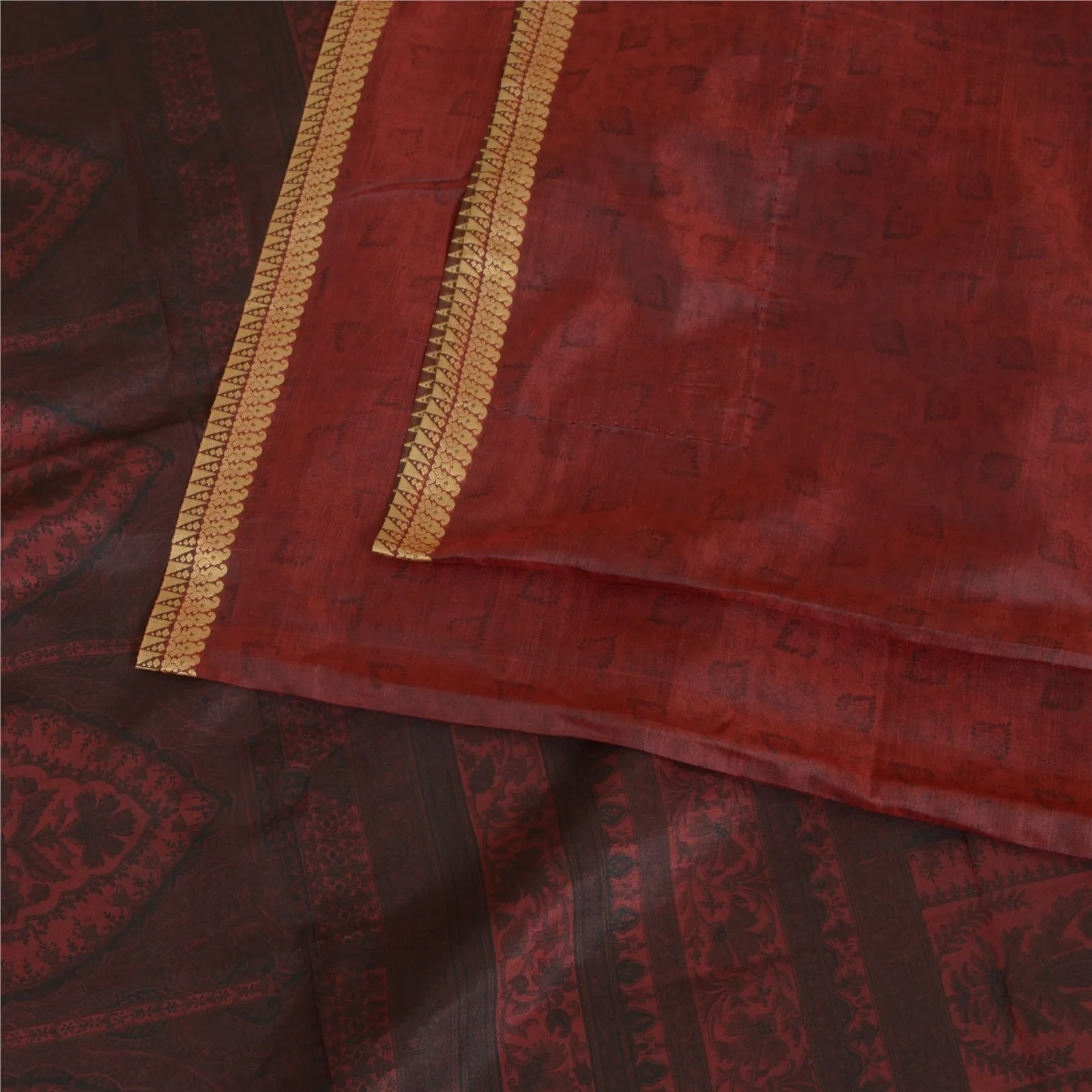 Sanskriti Vintage Sarees Dark-Red Woven Border Pure Silk Print Sari Craft Fabric