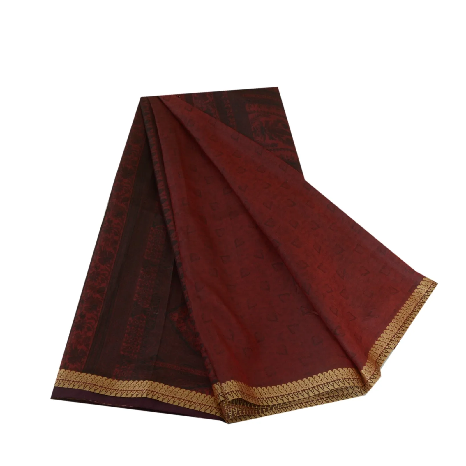 Sanskriti Vintage Sarees Dark-Red Woven Border Pure Silk Print Sari Craft Fabric