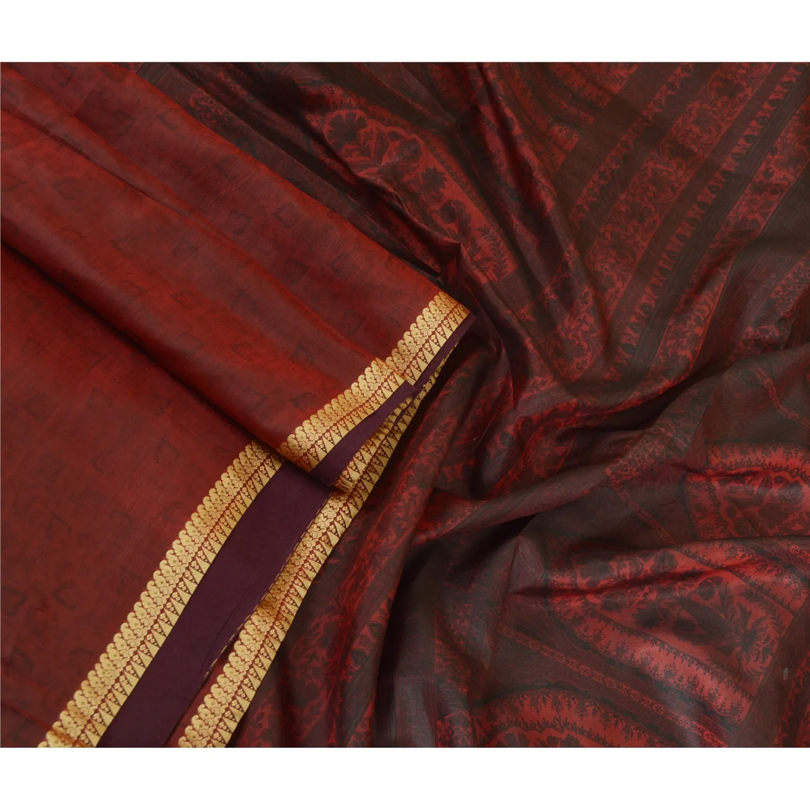 Sanskriti Vintage Sarees Dark-Red Woven Border Pure Silk Print Sari Craft Fabric