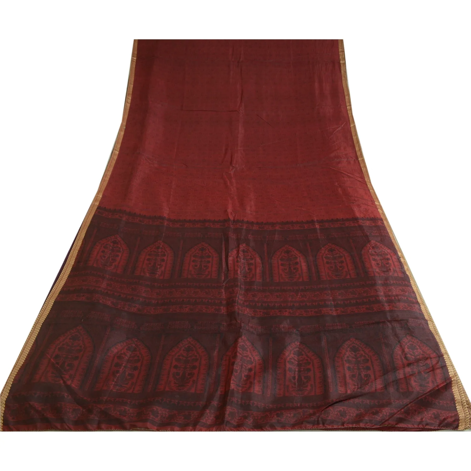 Sanskriti Vintage Sarees Dark-Red Woven Border Pure Silk Print Sari Craft Fabric