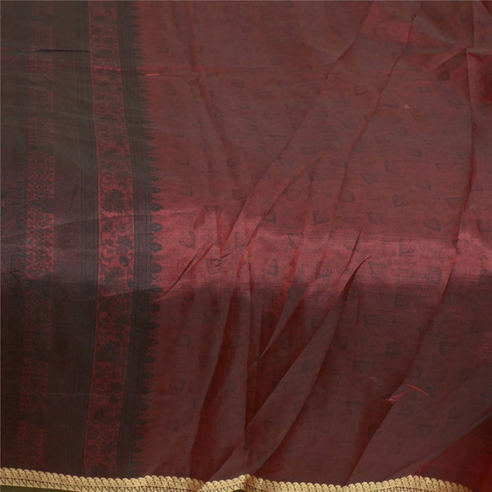 Sanskriti Vintage Sarees Dark-Red Woven Border Pure Silk Print Sari Craft Fabric