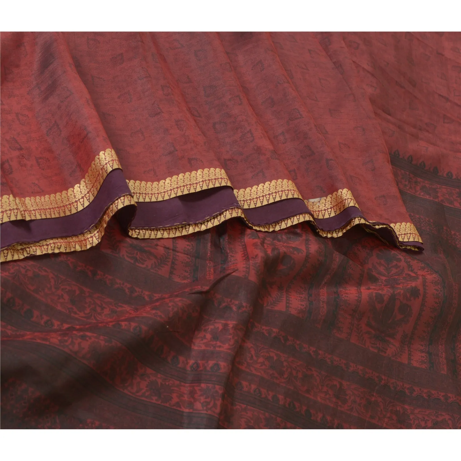 Sanskriti Vintage Sarees Dark-Red Woven Border Pure Silk Print Sari Craft Fabric