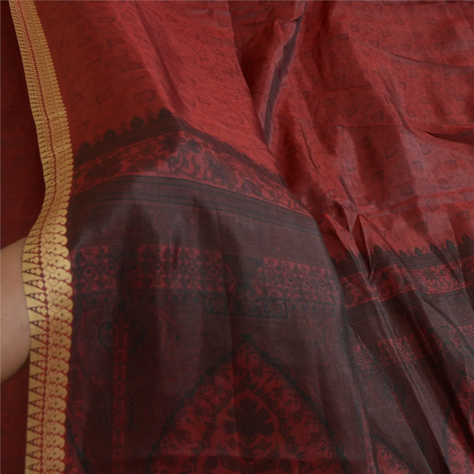 Sanskriti Vintage Sarees Dark-Red Woven Border Pure Silk Print Sari Craft Fabric