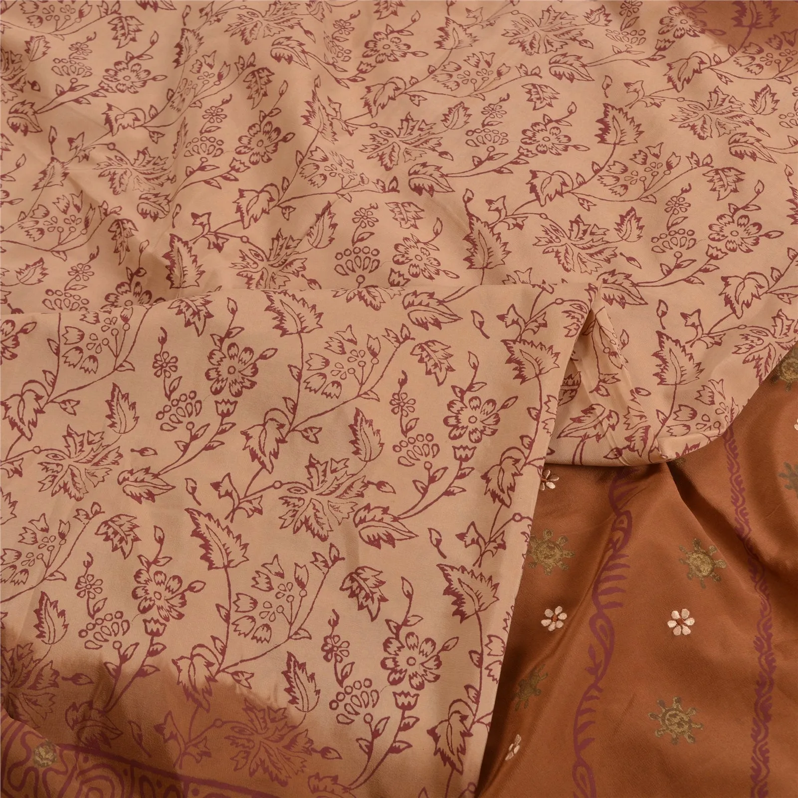 Sanskriti Vintage Sarees EmbroideryPrint Peach/Brown Pure Crepe Silk Sari Fabric