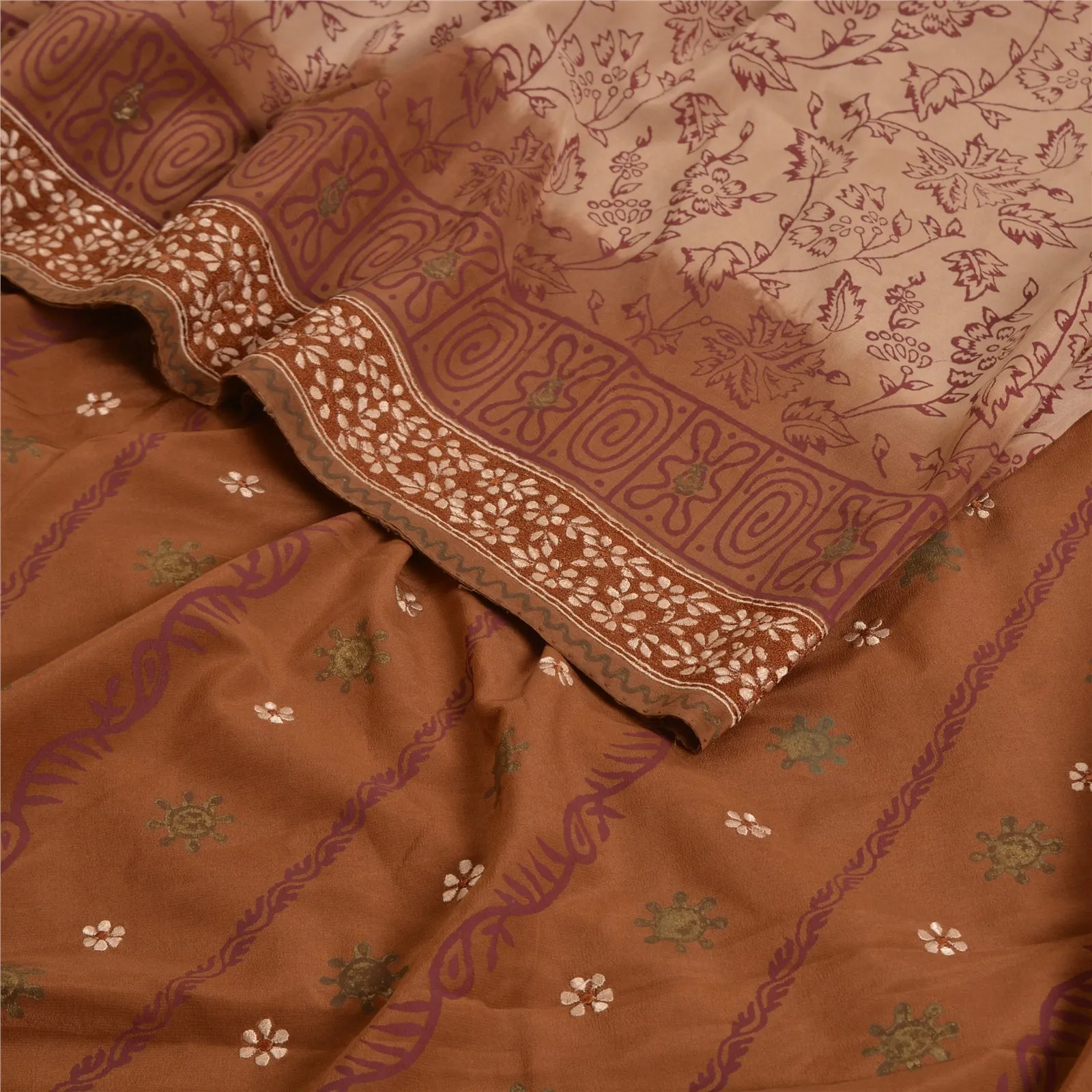 Sanskriti Vintage Sarees EmbroideryPrint Peach/Brown Pure Crepe Silk Sari Fabric