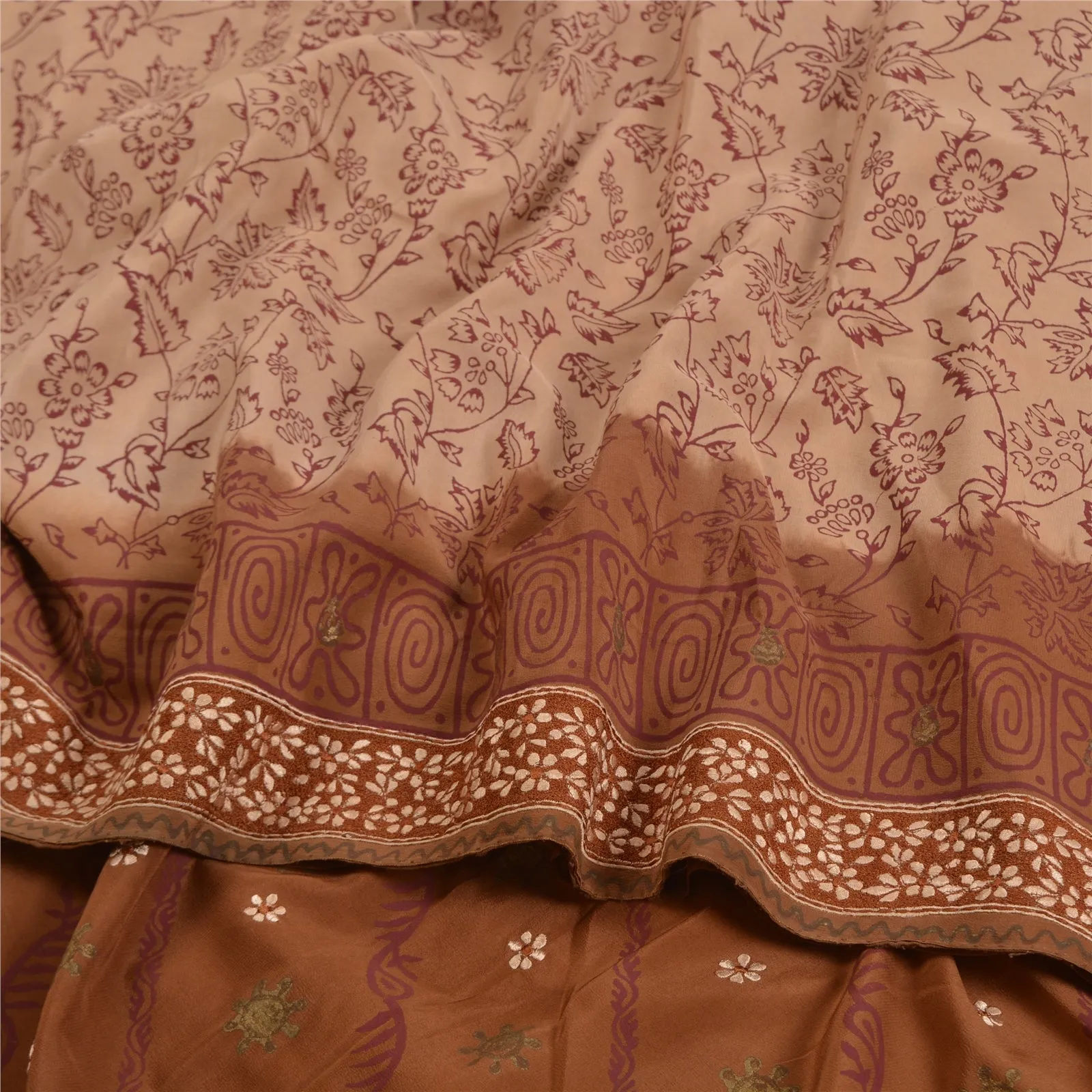 Sanskriti Vintage Sarees EmbroideryPrint Peach/Brown Pure Crepe Silk Sari Fabric