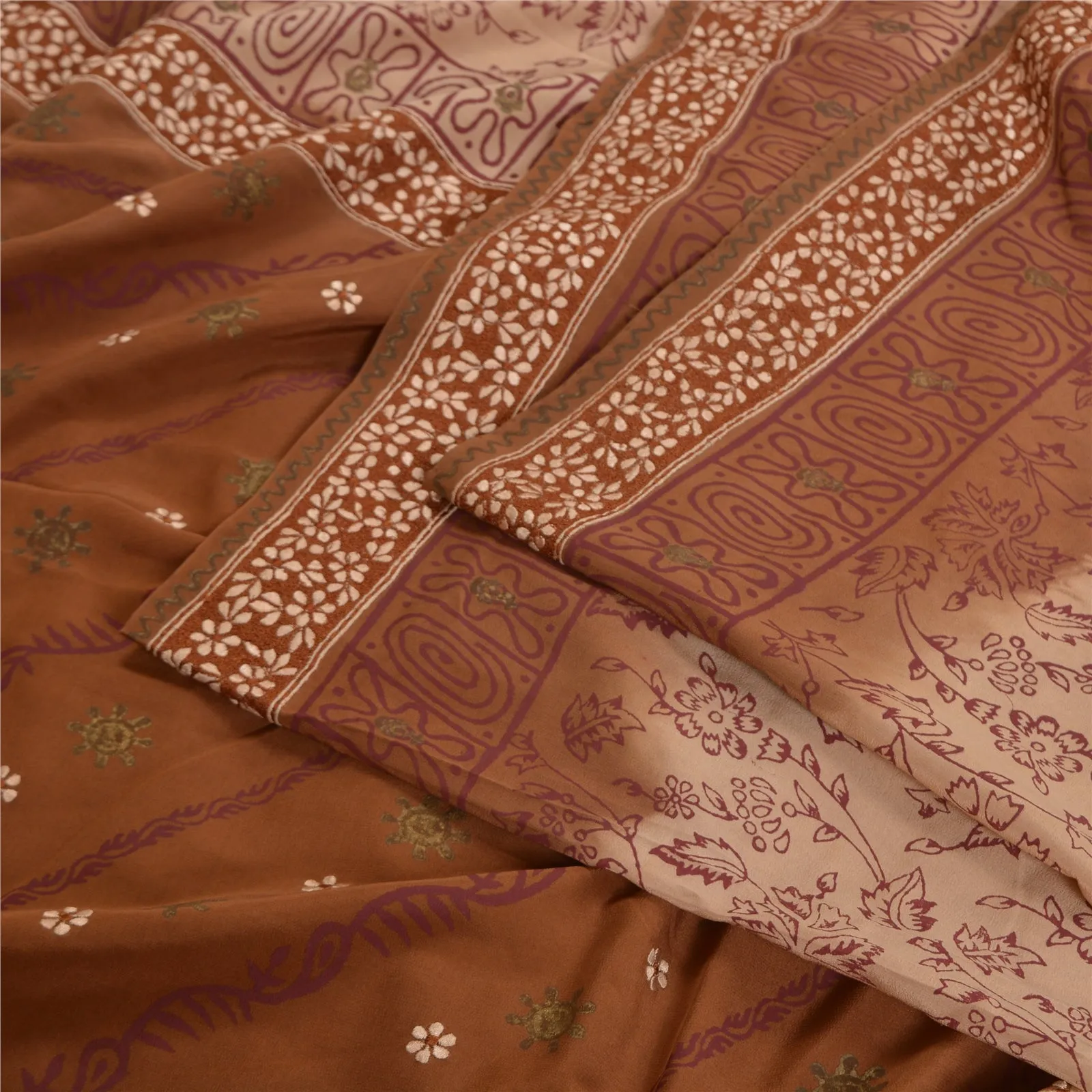 Sanskriti Vintage Sarees EmbroideryPrint Peach/Brown Pure Crepe Silk Sari Fabric