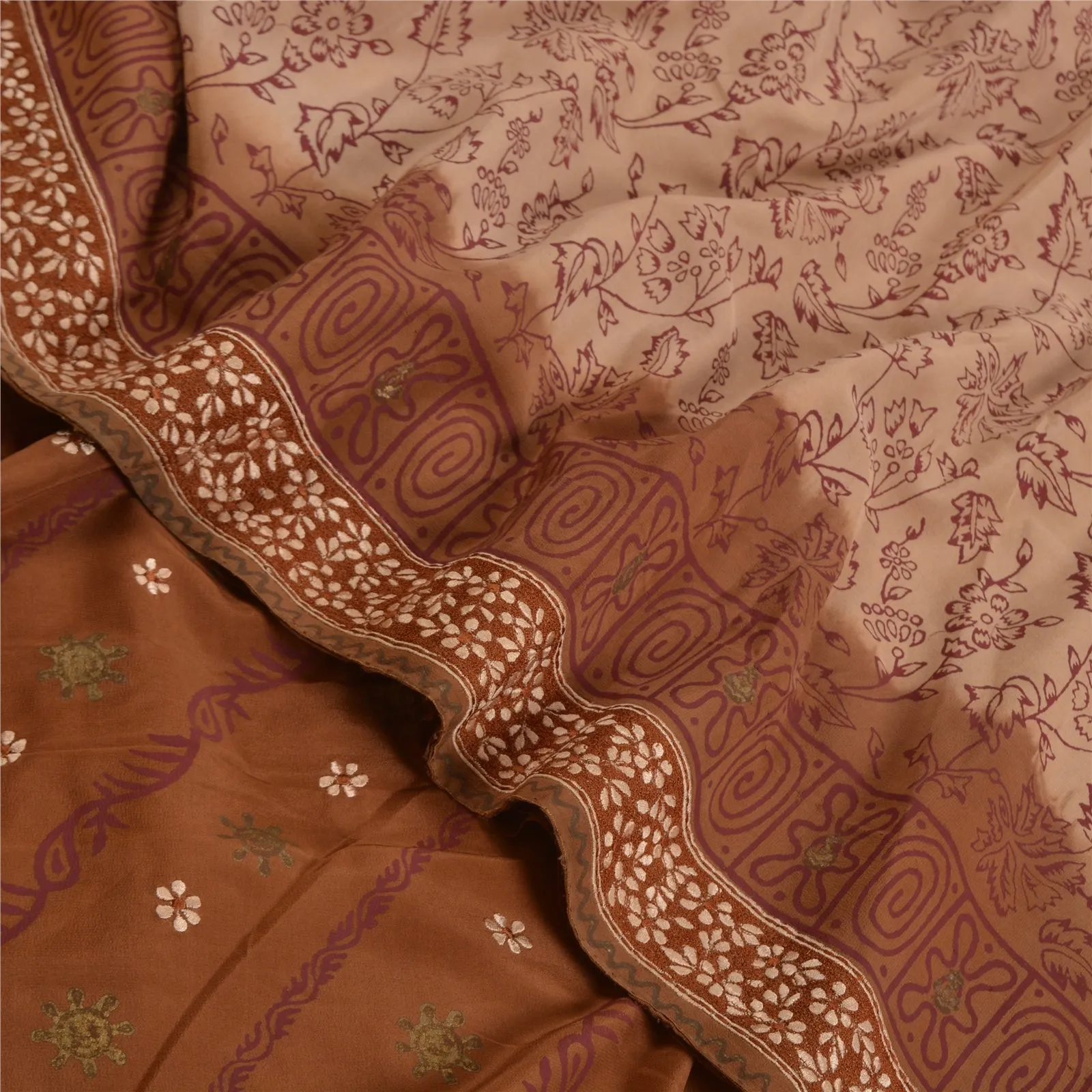 Sanskriti Vintage Sarees EmbroideryPrint Peach/Brown Pure Crepe Silk Sari Fabric