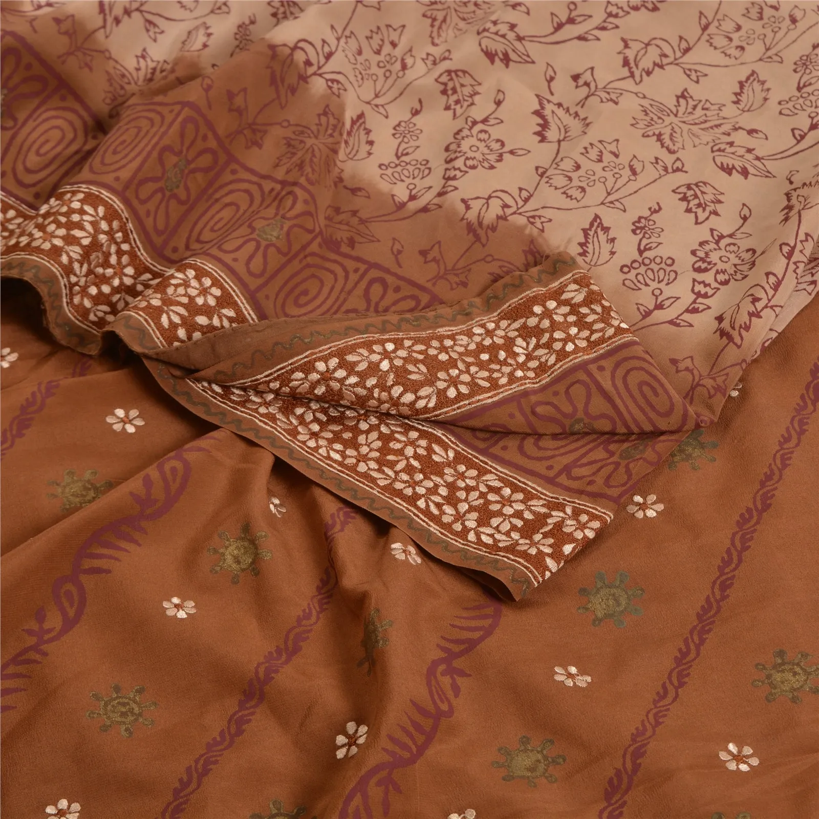 Sanskriti Vintage Sarees EmbroideryPrint Peach/Brown Pure Crepe Silk Sari Fabric