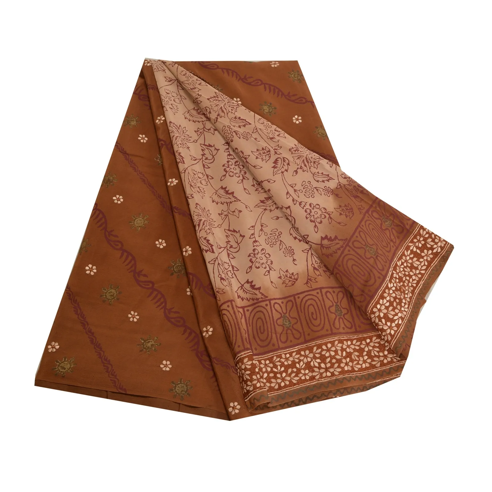 Sanskriti Vintage Sarees EmbroideryPrint Peach/Brown Pure Crepe Silk Sari Fabric