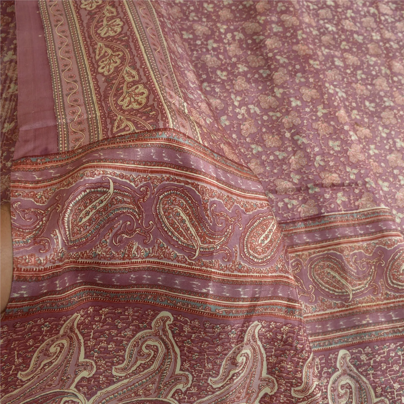 Sanskriti Vintage Sarees From India Mauve Pure Silk Printed Sari Craft Fabric