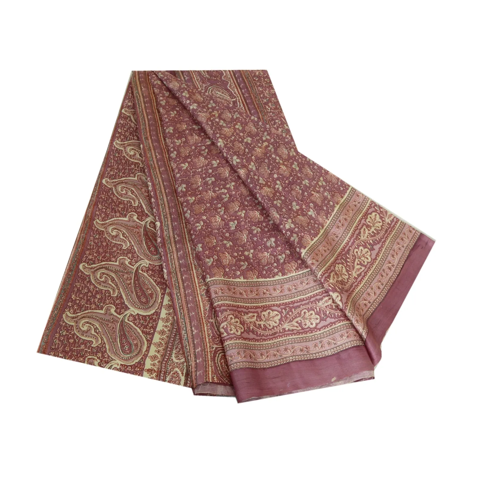 Sanskriti Vintage Sarees From India Mauve Pure Silk Printed Sari Craft Fabric