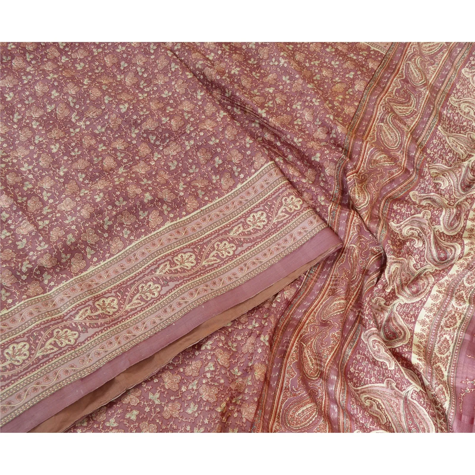 Sanskriti Vintage Sarees From India Mauve Pure Silk Printed Sari Craft Fabric