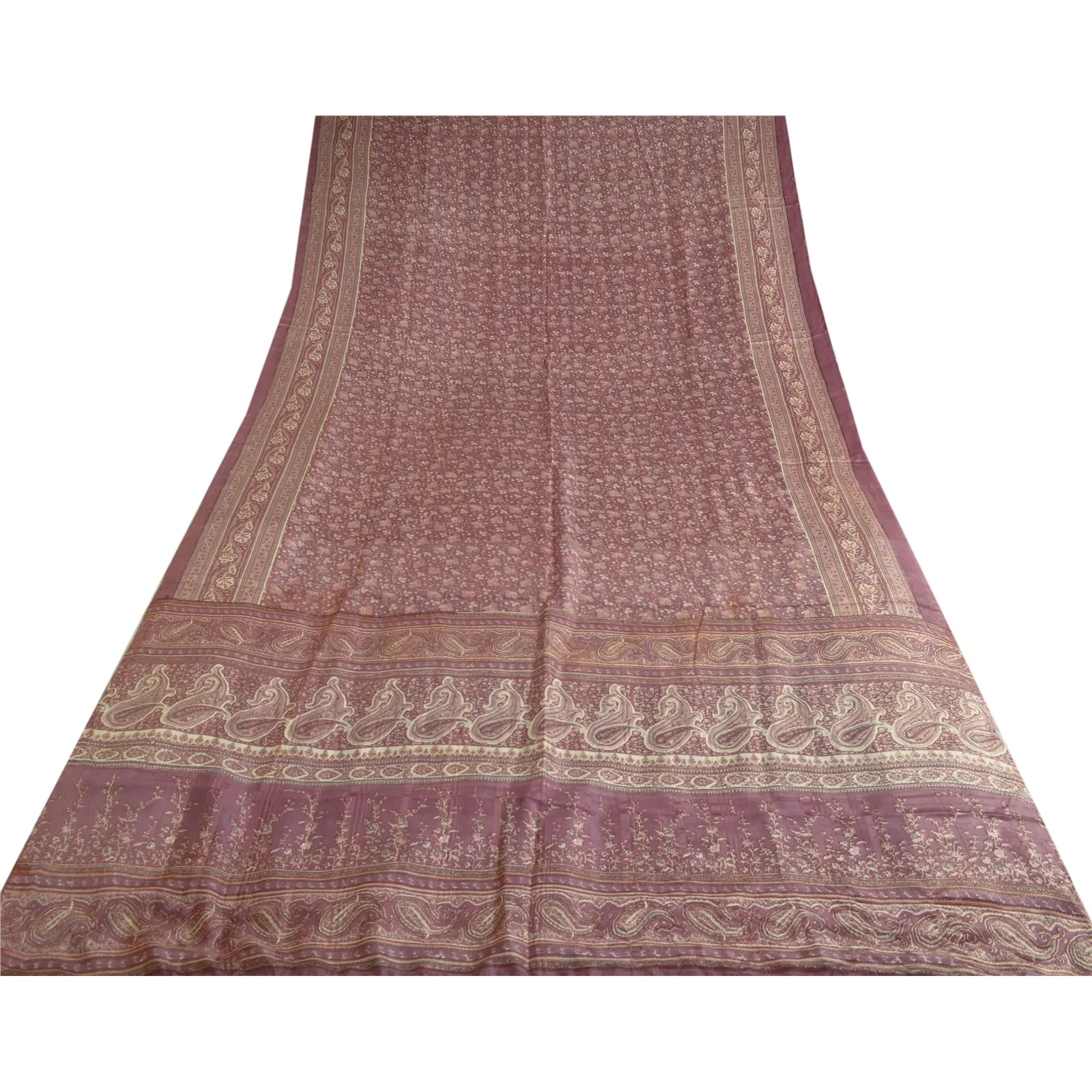 Sanskriti Vintage Sarees From India Mauve Pure Silk Printed Sari Craft Fabric