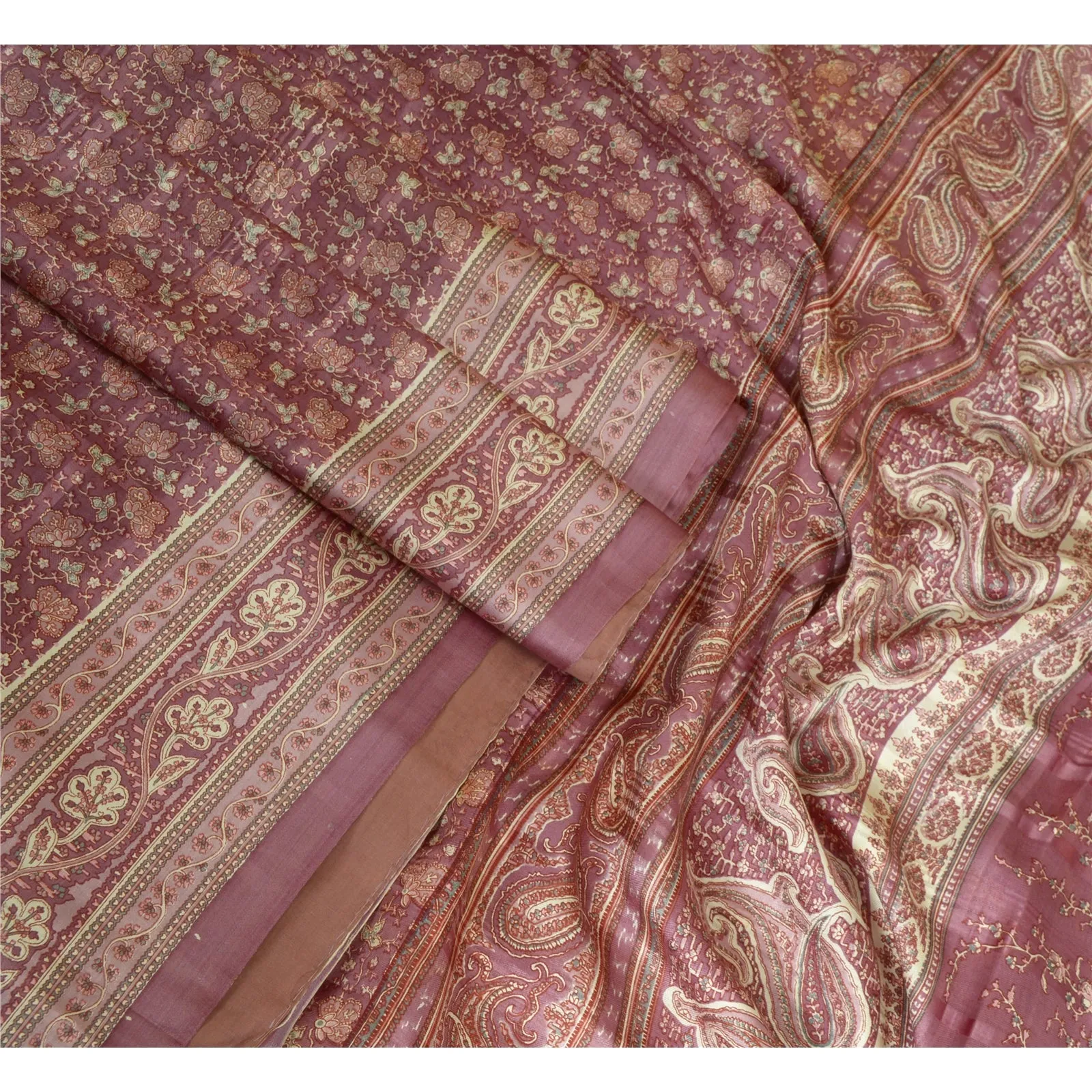 Sanskriti Vintage Sarees From India Mauve Pure Silk Printed Sari Craft Fabric