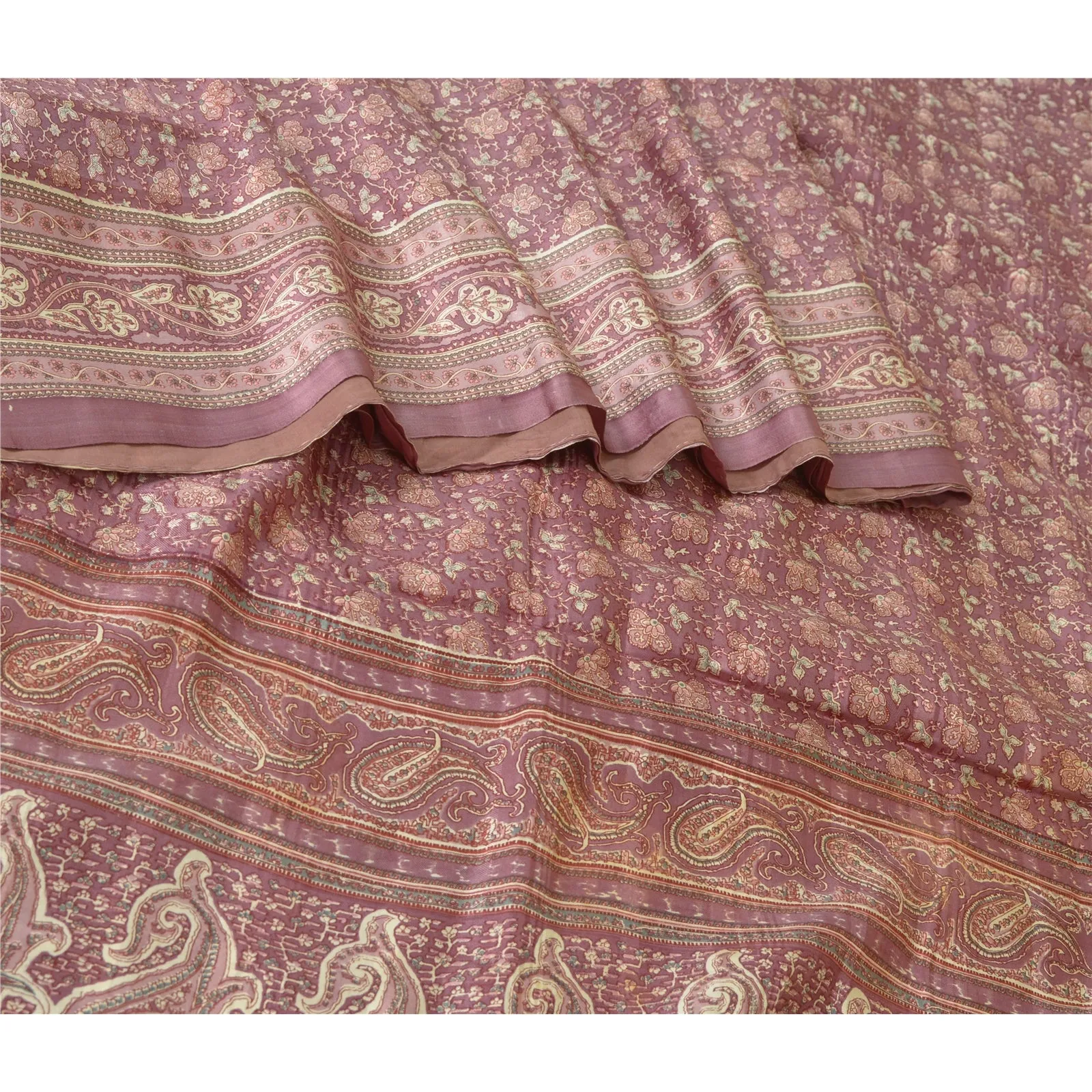 Sanskriti Vintage Sarees From India Mauve Pure Silk Printed Sari Craft Fabric