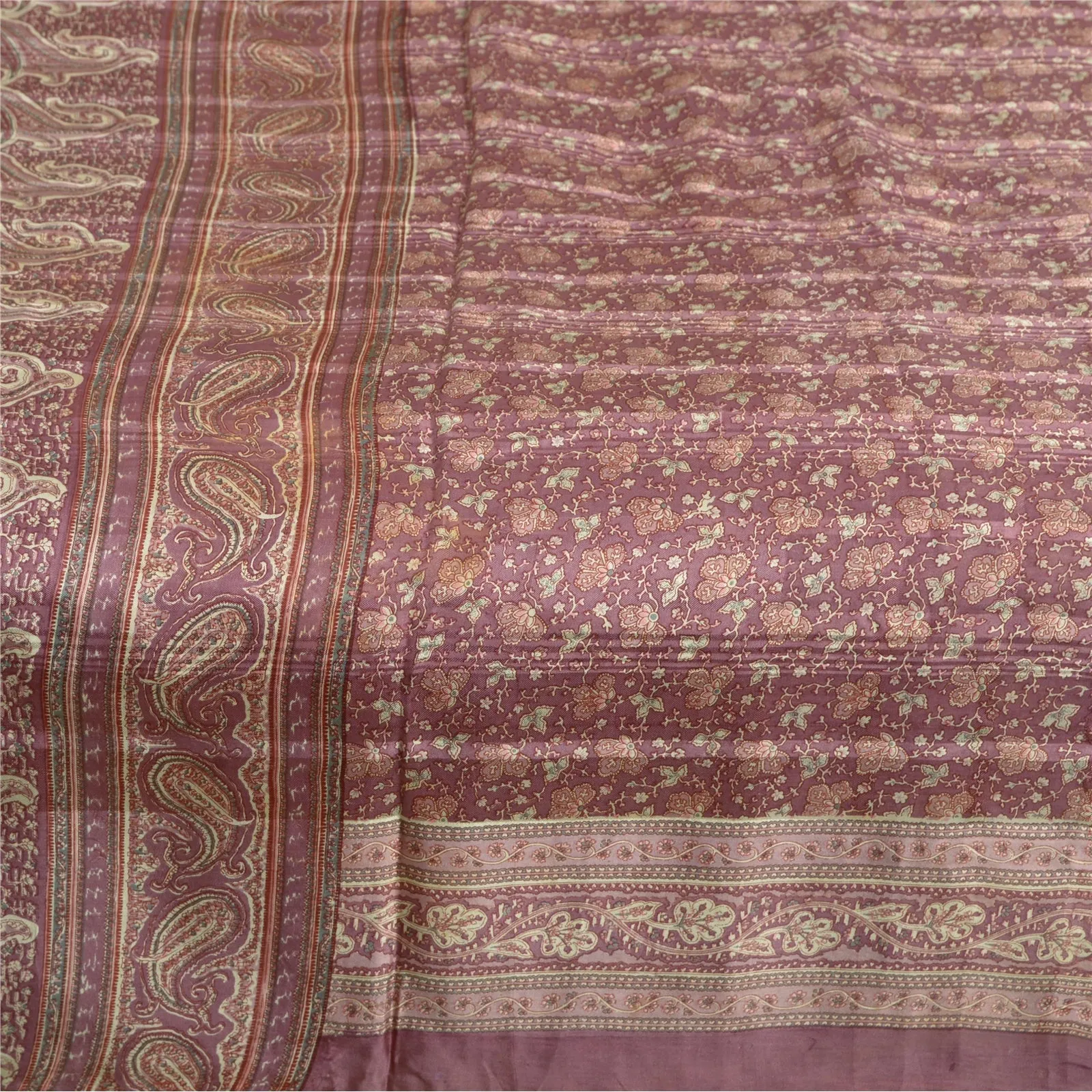 Sanskriti Vintage Sarees From India Mauve Pure Silk Printed Sari Craft Fabric