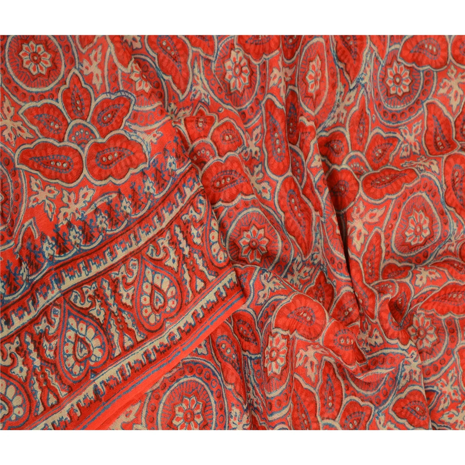 Sanskriti Vintage Sarees From India Orange Pure Silk Printed Sari Craft Fabric