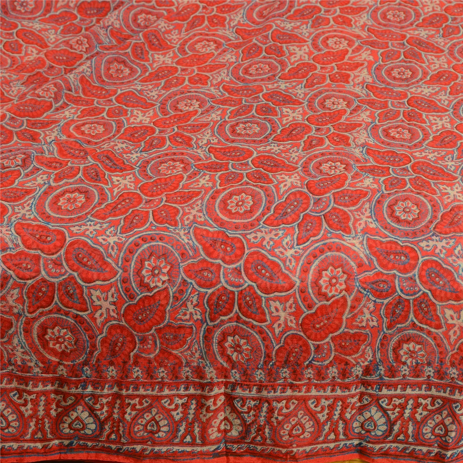 Sanskriti Vintage Sarees From India Orange Pure Silk Printed Sari Craft Fabric