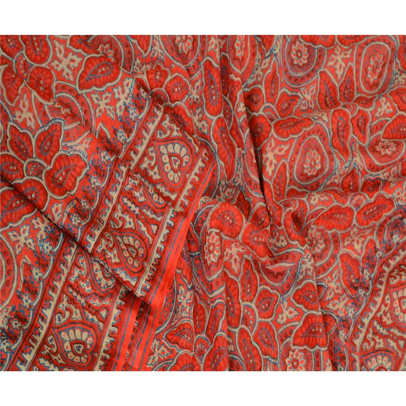 Sanskriti Vintage Sarees From India Orange Pure Silk Printed Sari Craft Fabric