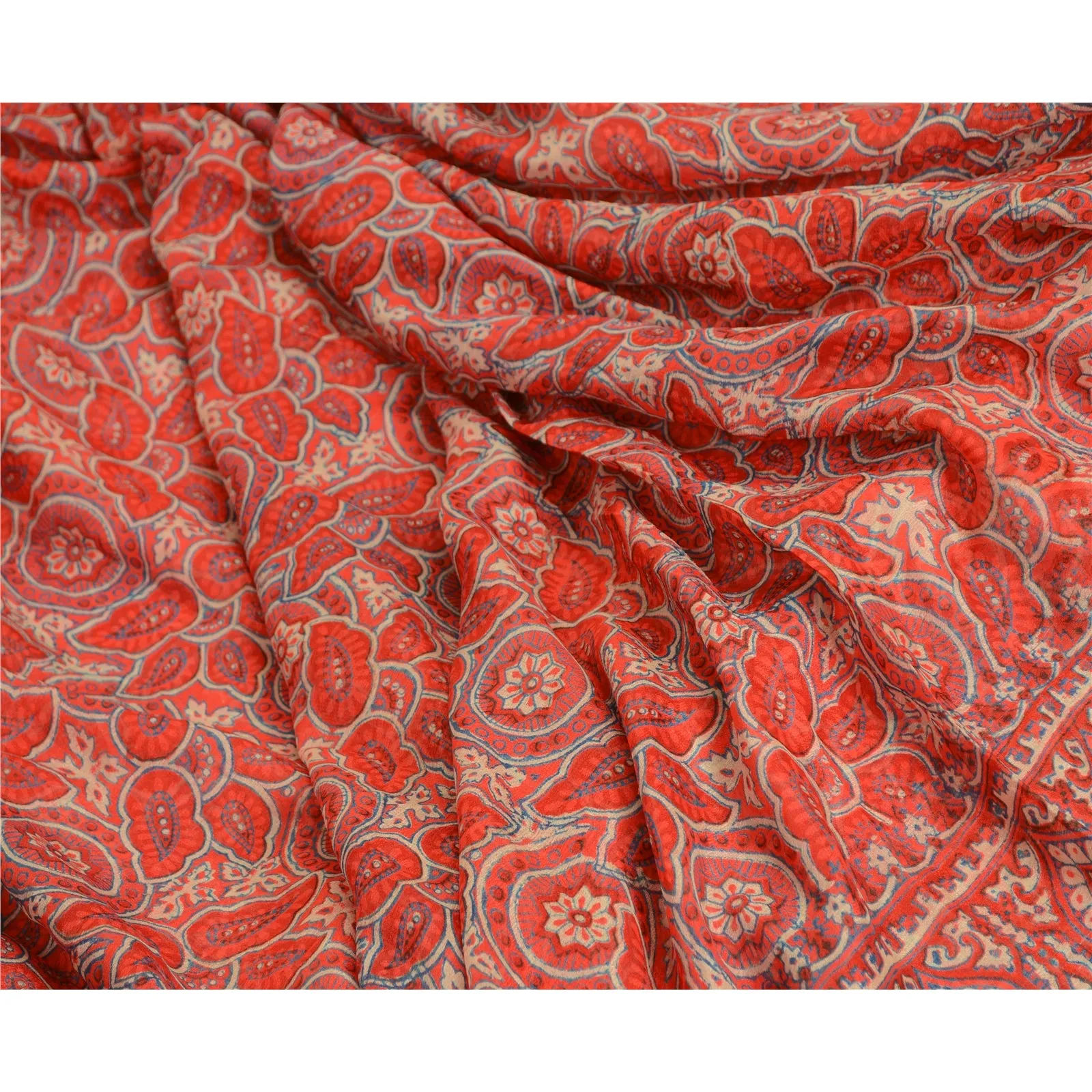 Sanskriti Vintage Sarees From India Orange Pure Silk Printed Sari Craft Fabric