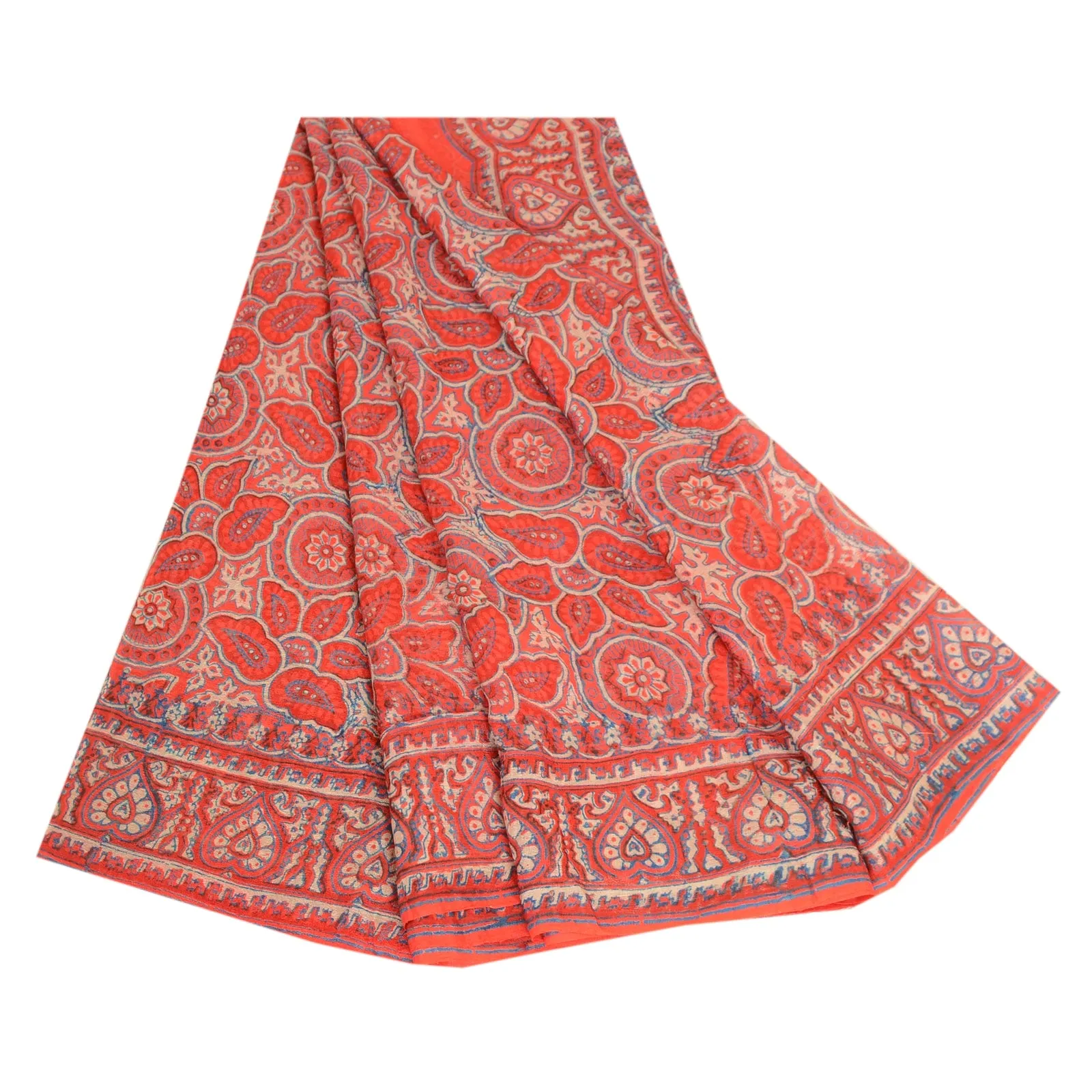 Sanskriti Vintage Sarees From India Orange Pure Silk Printed Sari Craft Fabric