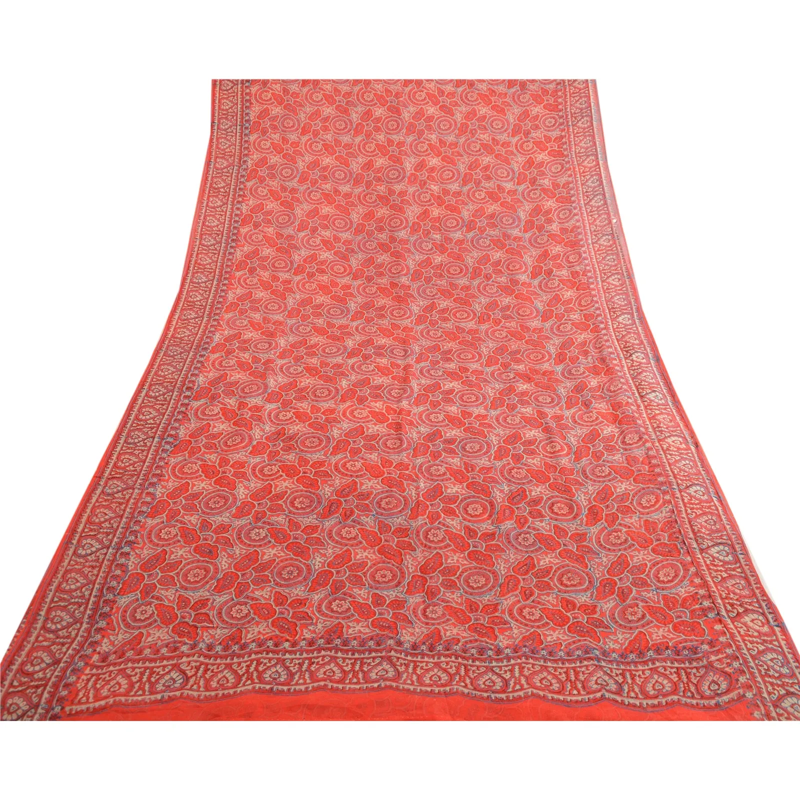 Sanskriti Vintage Sarees From India Orange Pure Silk Printed Sari Craft Fabric