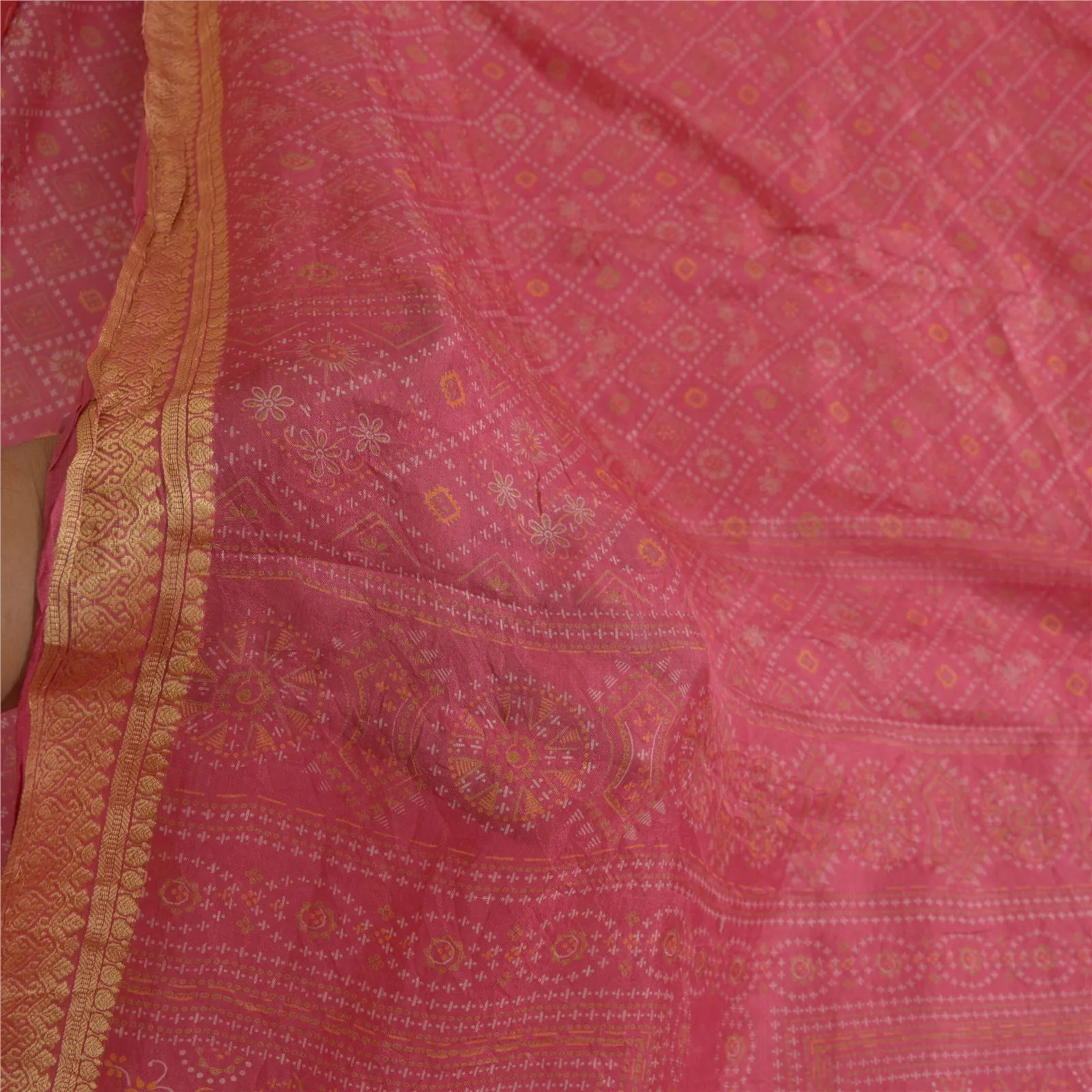 Sanskriti Vintage Sarees From India Pink Pure Silk Printed Sari 5yd Craft Fabric