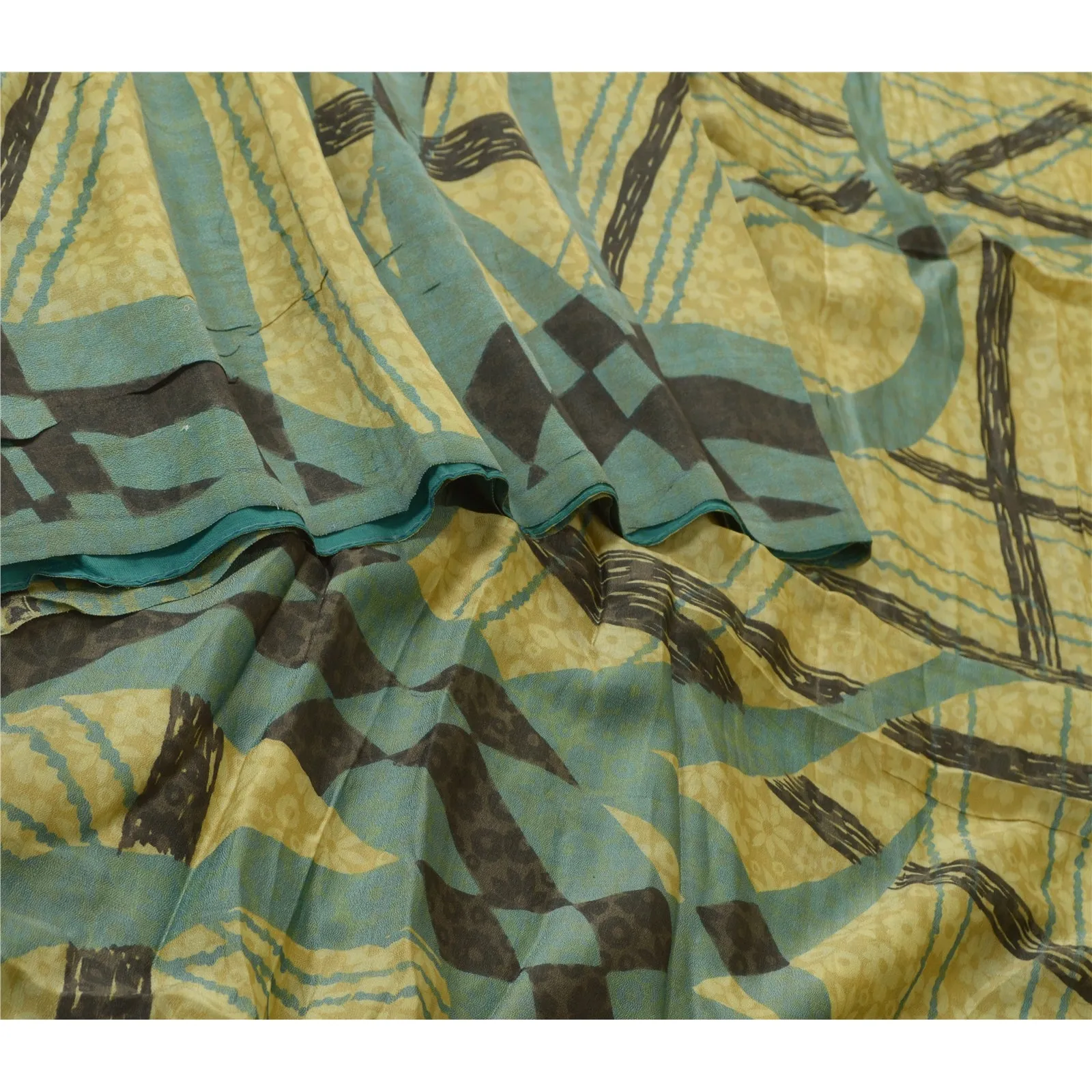 Sanskriti Vintage Sarees Green 100% Pure Silk Abstract Printed Sari Craft Fabric